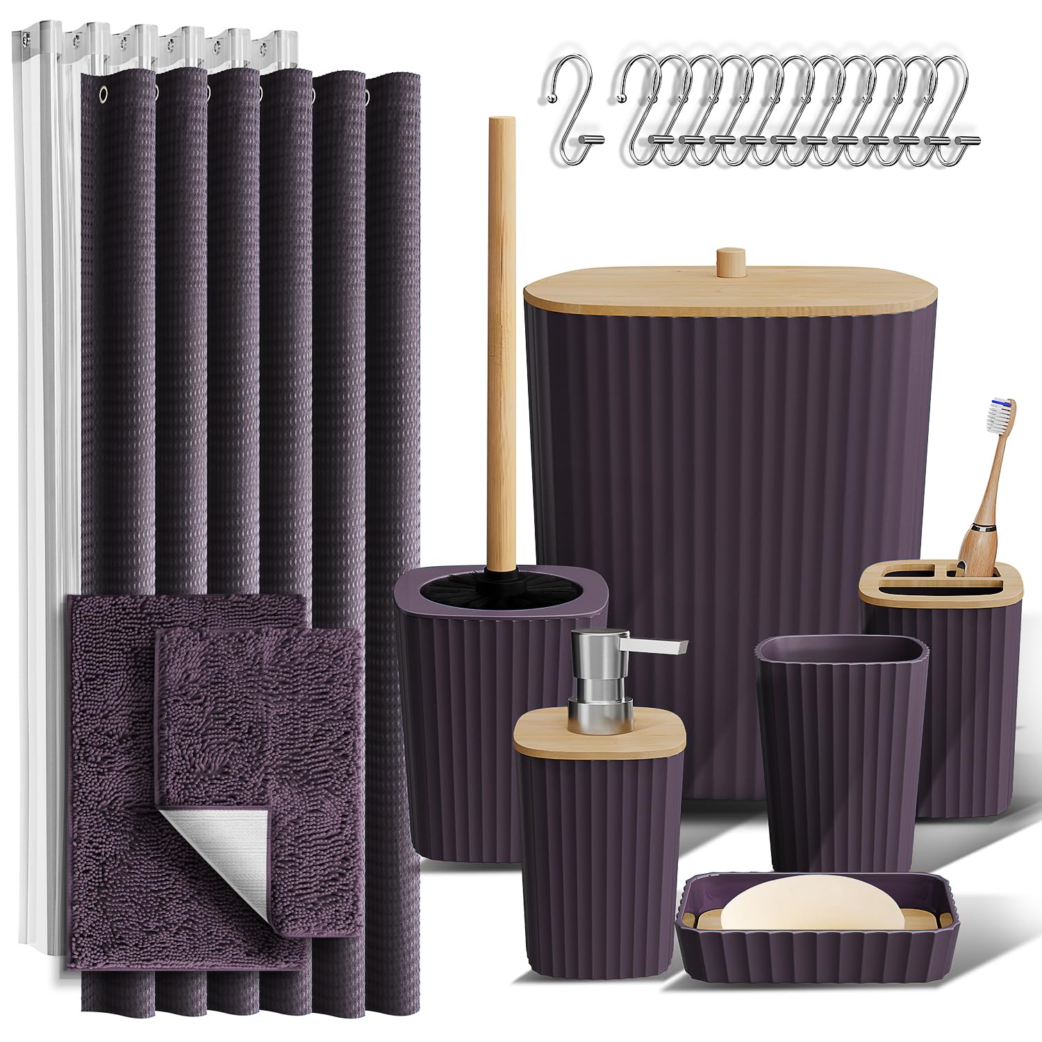 Clara Clark Bathroom Accessories Set - Purple Bathroom Set, Bathroom Sets With Shower Curtain And Rugs, 22Pc Shower Curtain Set