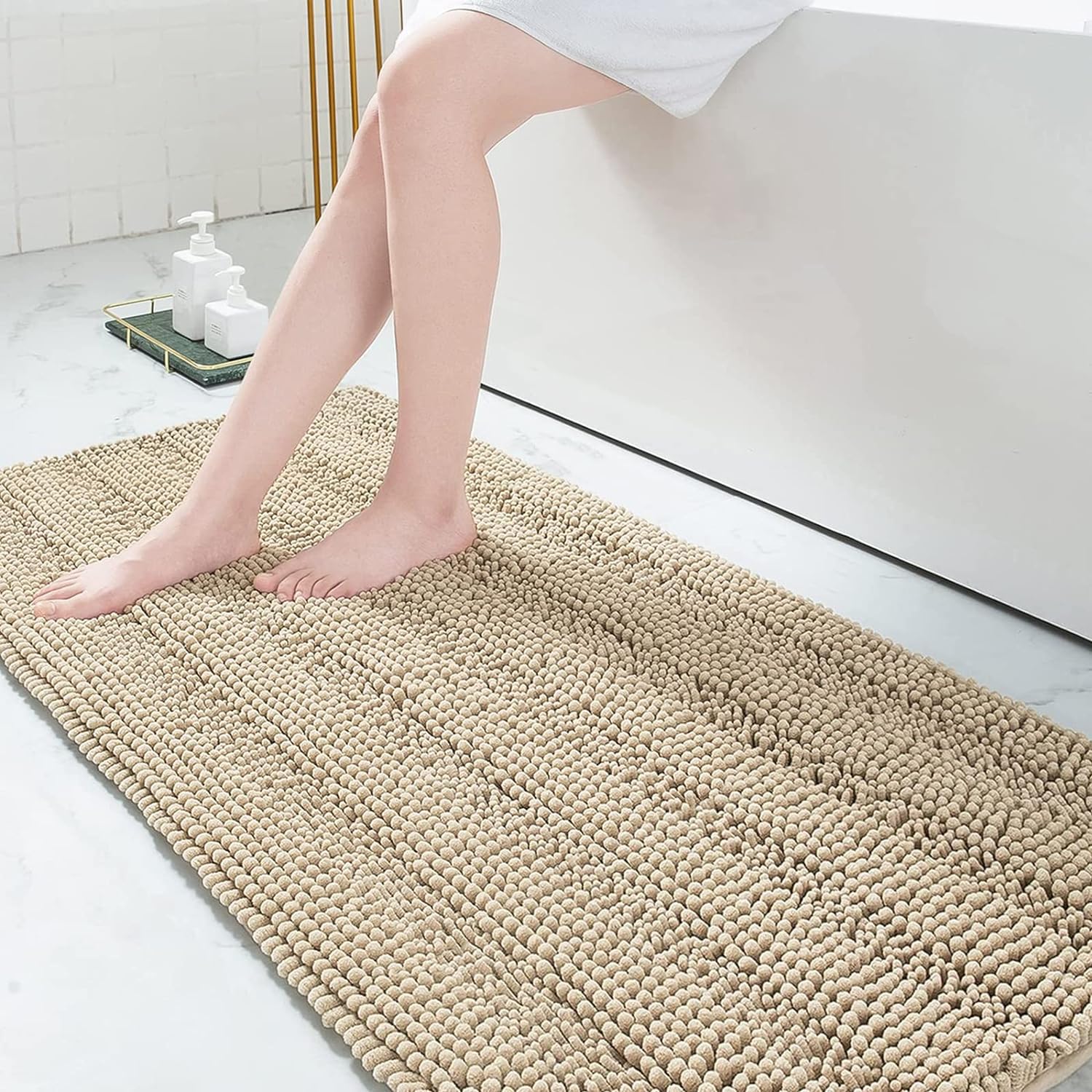 Grandaily Chenille Striped Bathroom Rugs 70X24, Extra Thick And Absorbent Bath Rugs, Non-Slip Soft Plush Shaggy Bath Carpet, Mac
