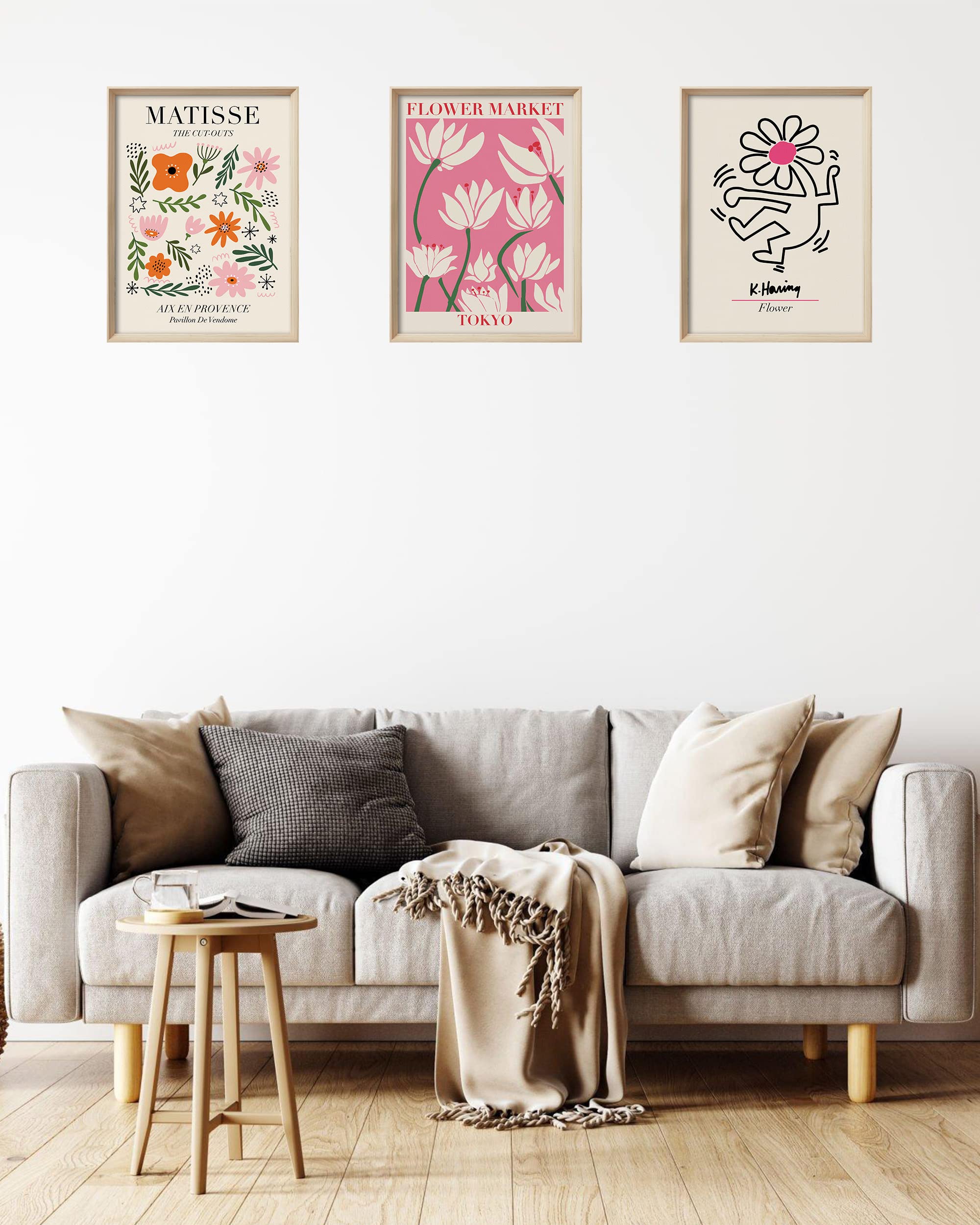 UPWOIGH Framed Wall Art(No Plexiglass)  Abstract Henri Matisse Canvas Wall Art  12X16in Pink TOKYO Flower Market Wall Decor  Wood Minimalist Wall Art for Living Room Set of 3
