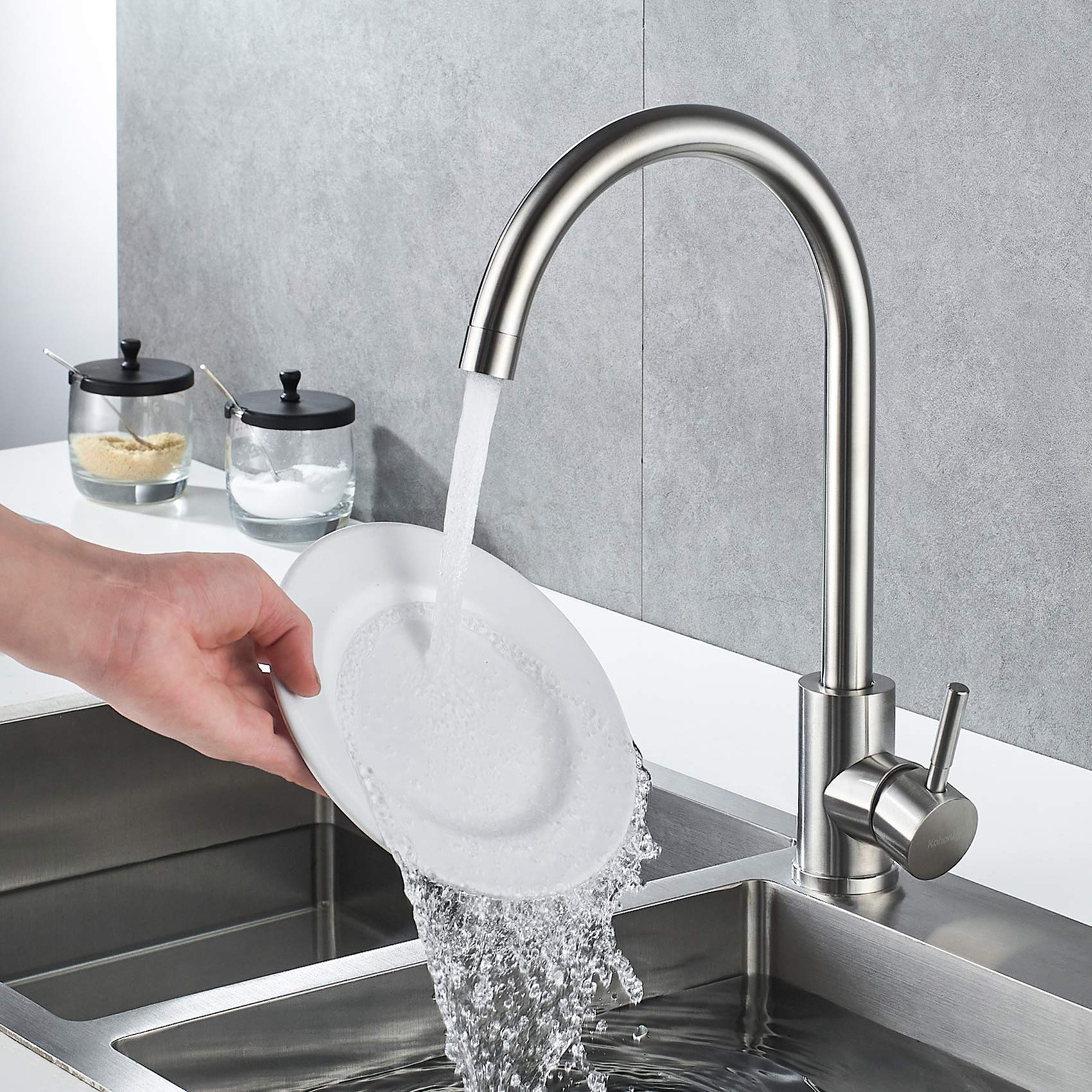 Kohonby Single Handle High Arc Kitchen Faucet Stainless Steel Brushed Nickel Commercial Single Hole Kitchen Sink Faucet Modern One Hole Bar Sink Faucet