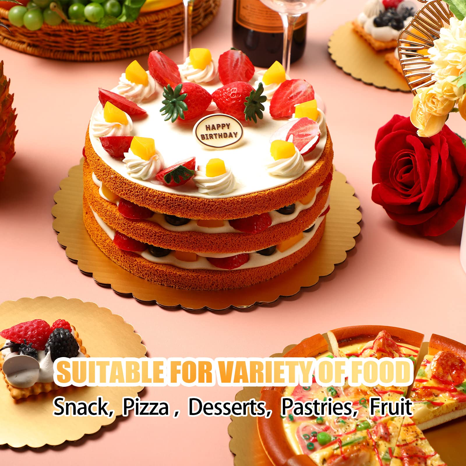 Eaasty 60 Packs Gold Cakeboard Rounds Cake Circles Base Boards Disposable Cake Plates, Coated Corrugated Cake Tray Scalloped Bas
