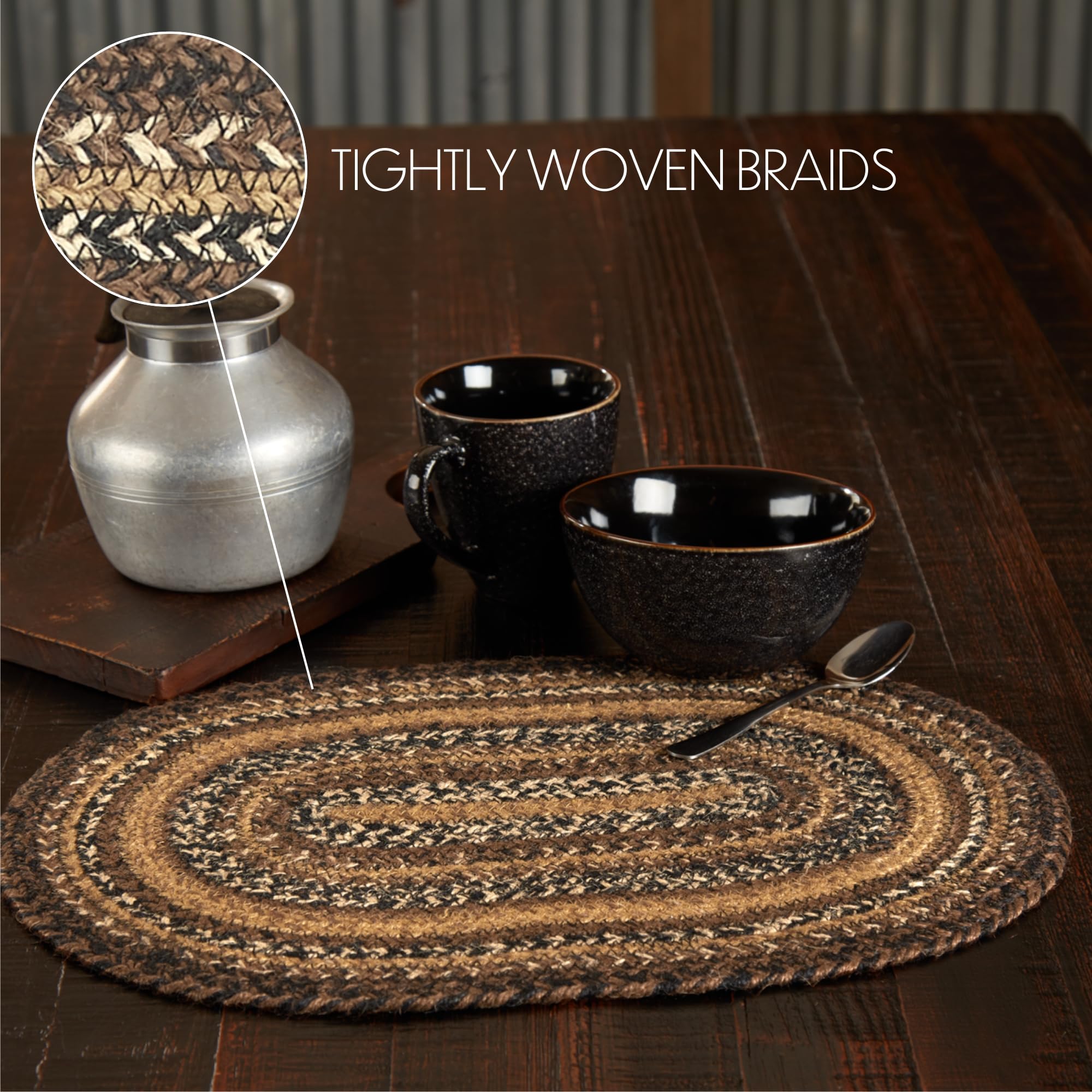 Vhc Brands Country Espresso Table Placemat, Brown Black Tan, Jute Blend, Oval, 12X18 Inches