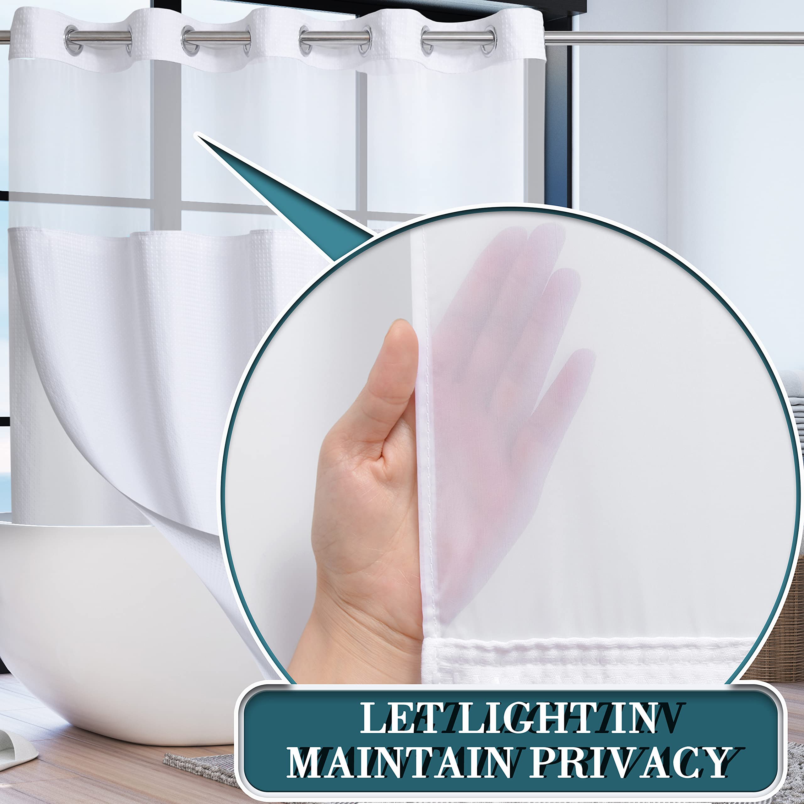 Extra Long Shower Curtain Set Hotel Grade With Snap In Liner For Bathroom Fabric With See Through Top Window, Waffle Weave Showe