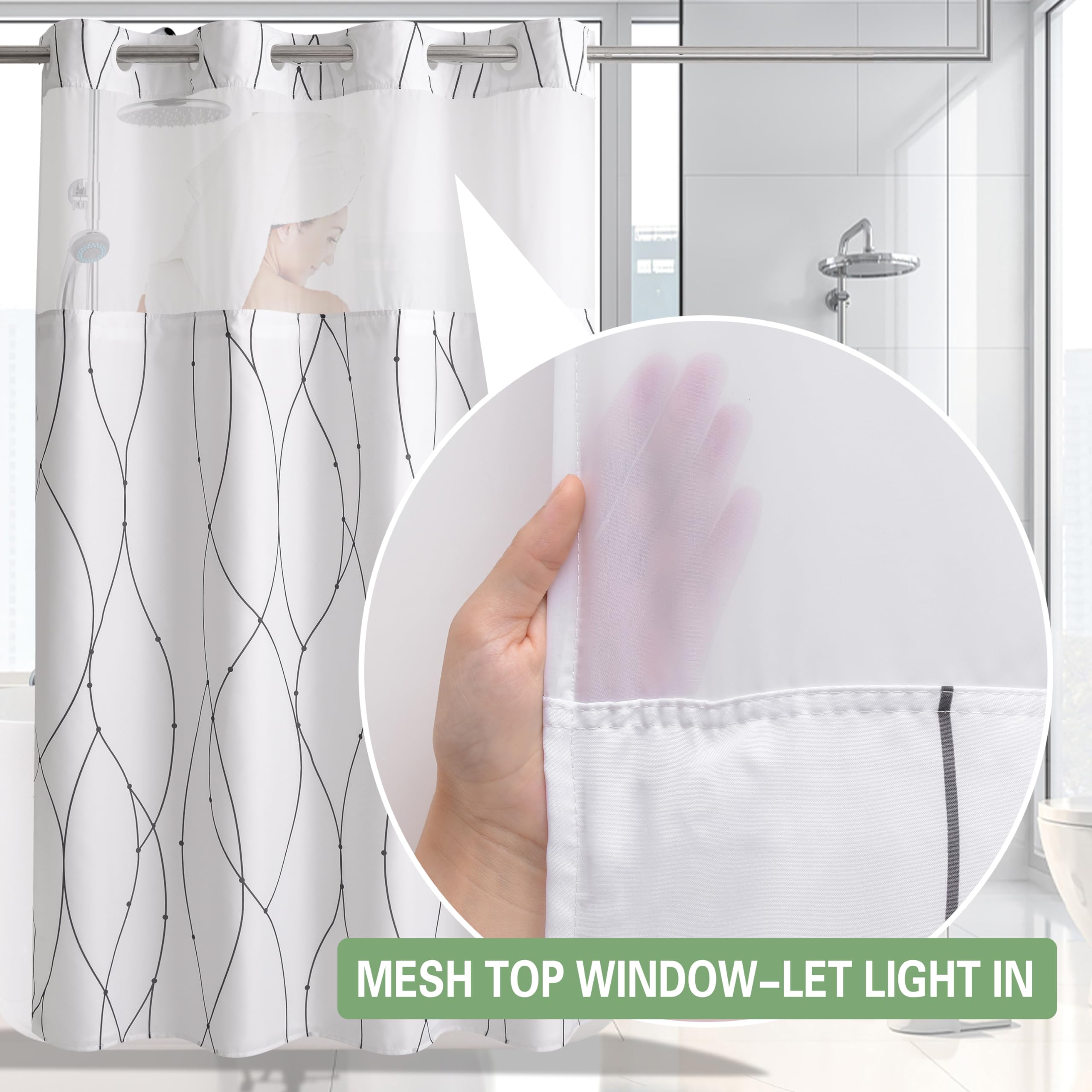 Konzent White Fabric Shower Curtain With Black Stripes With Snap In Removable Liner For Bathroom Bathtubs,Hotel Shower Curtain A