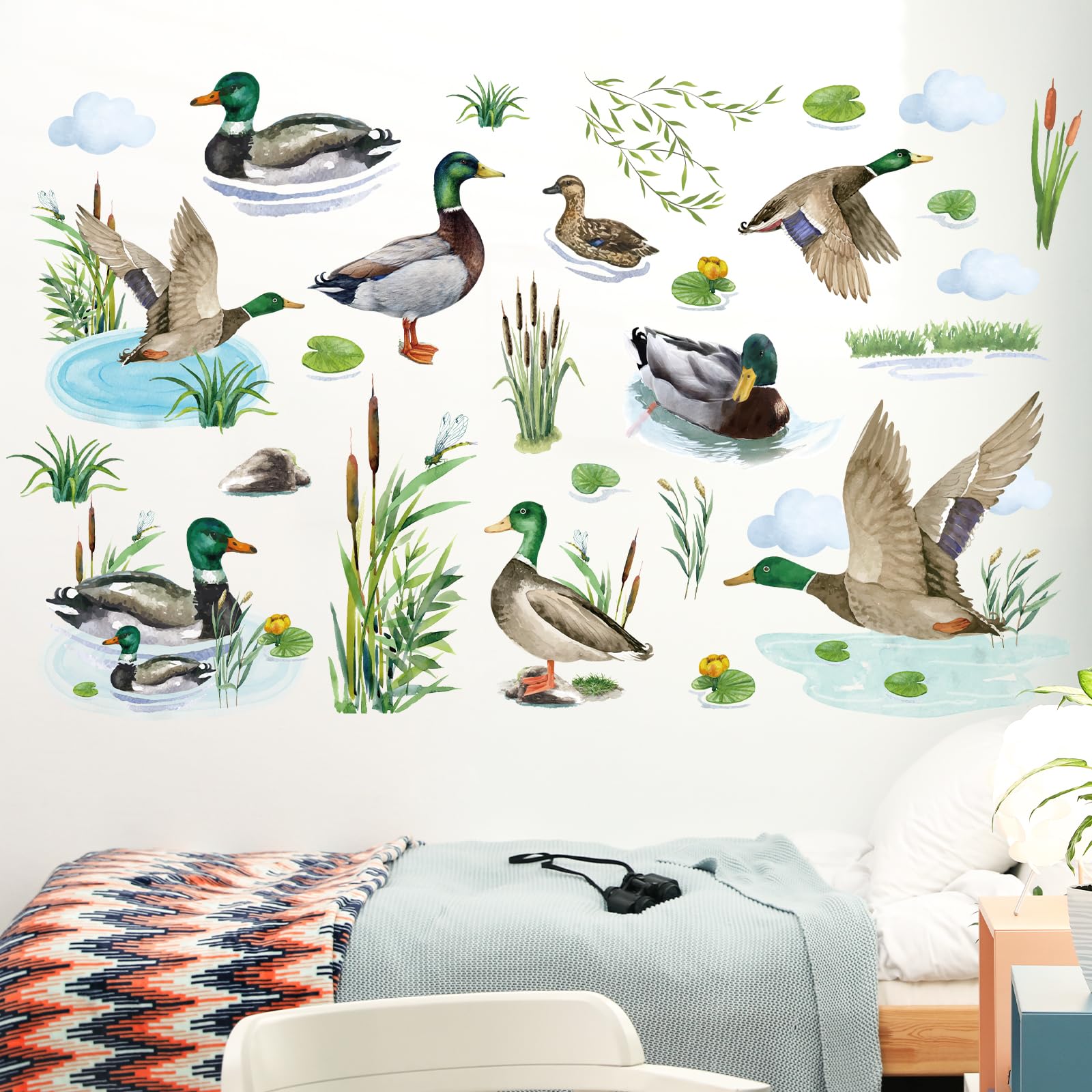 Wxiben Mallard Duck Wall Decor - Mallard Duck Wall Decals for Nursery Decorations, Removable Waterproof Peel and Stick Decals fo