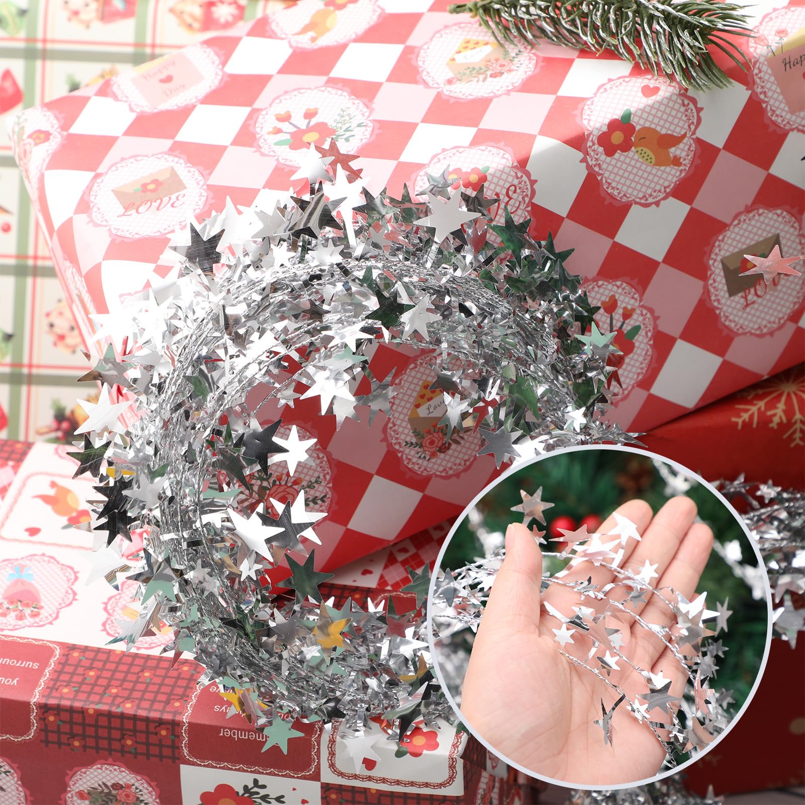 Shappy 147.6 ft Star Garland Wired Silver Christmas Tinsel Garland for Tree Metallic Small Mini, 6 Rolls for Decorations
