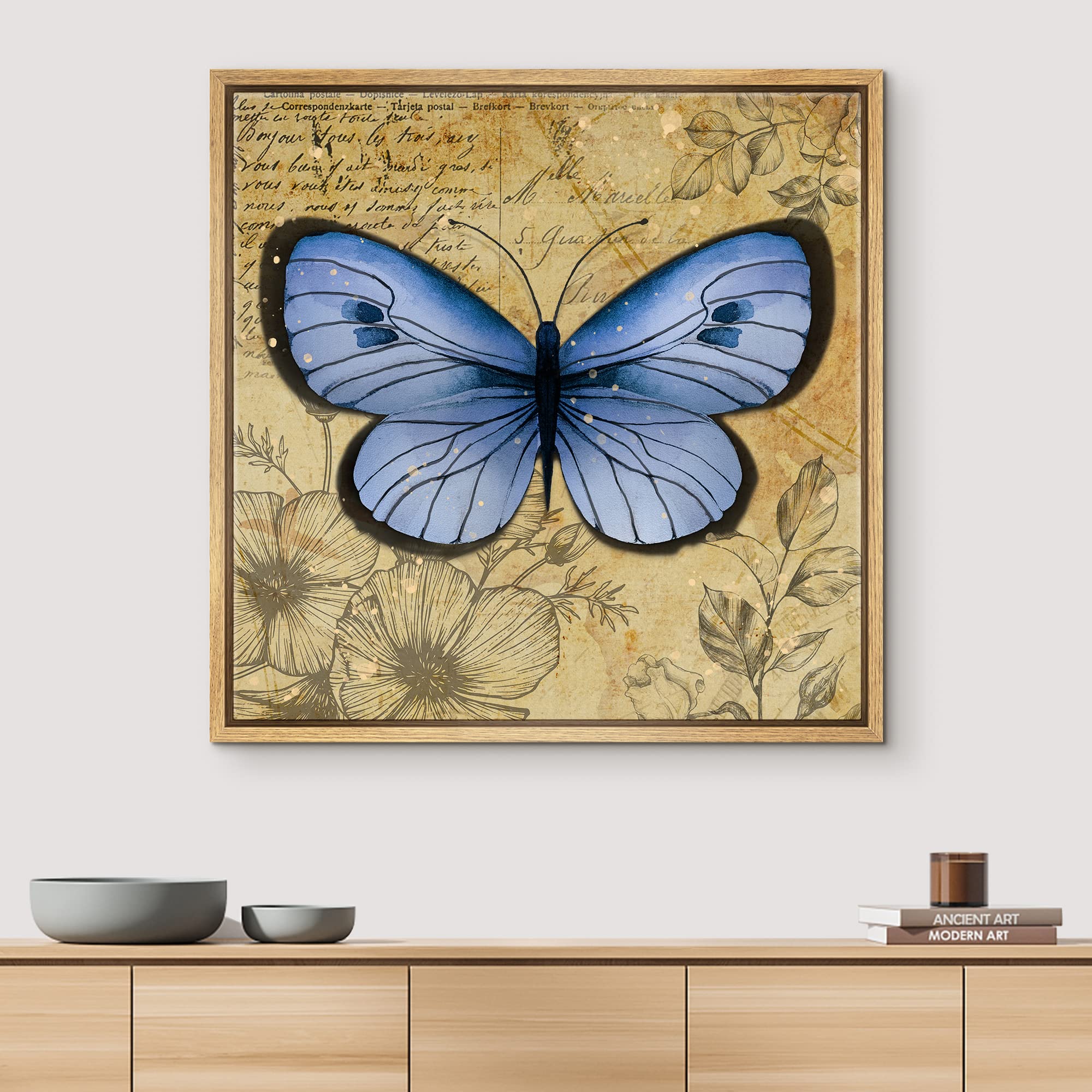 Wall26 Framed Canvas Print Wall Art Pastel Blue Butterfly Floral Pattern Nature Wilderness Rustic Modern Art Farmhouse Decorativ