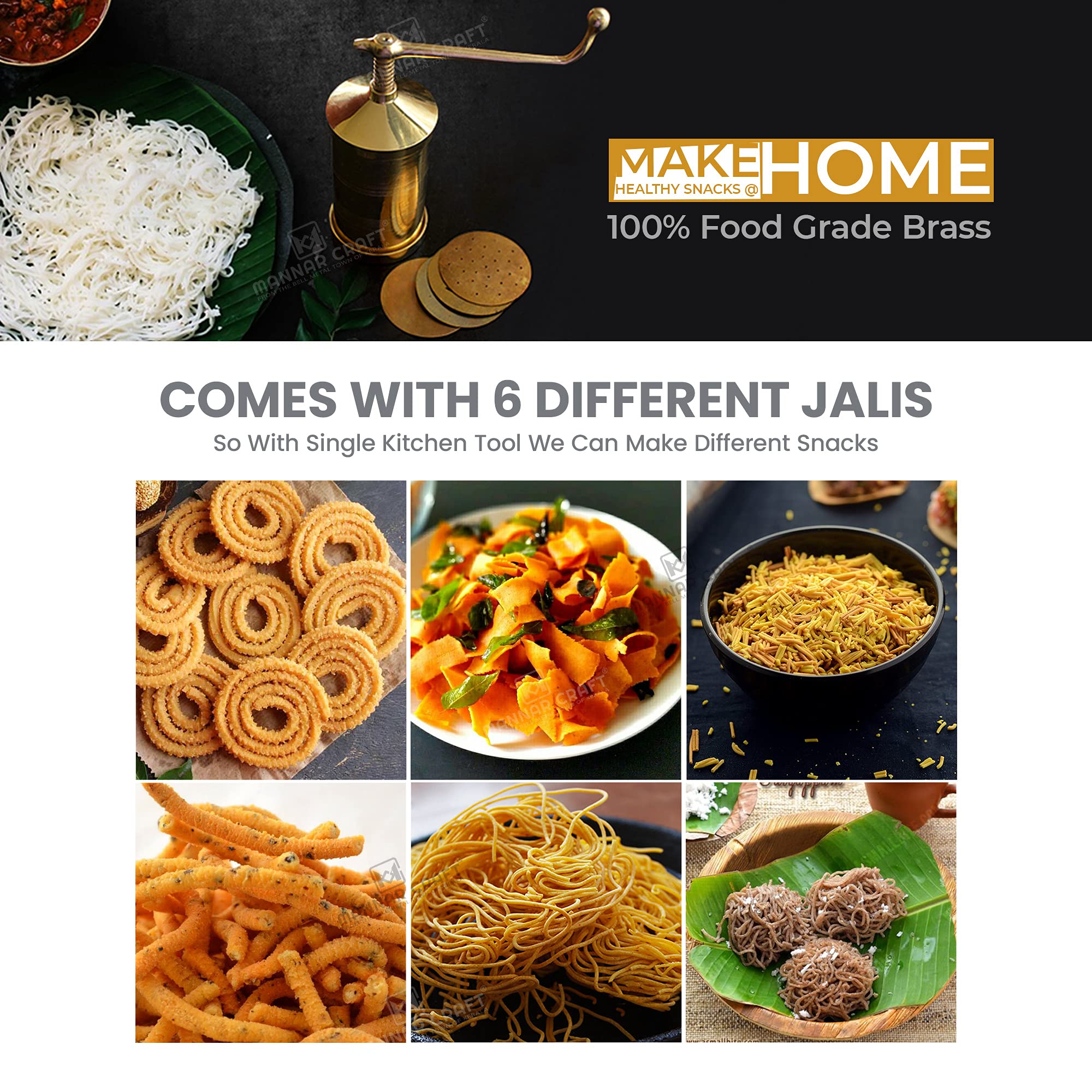 MANNAR CRAFT Brass Indian Made Sevanazhi Chakli Press/Sancha/Murukku/Gathiya/janthikulu/Idiyappam Maker Machine with Free 6 Diff