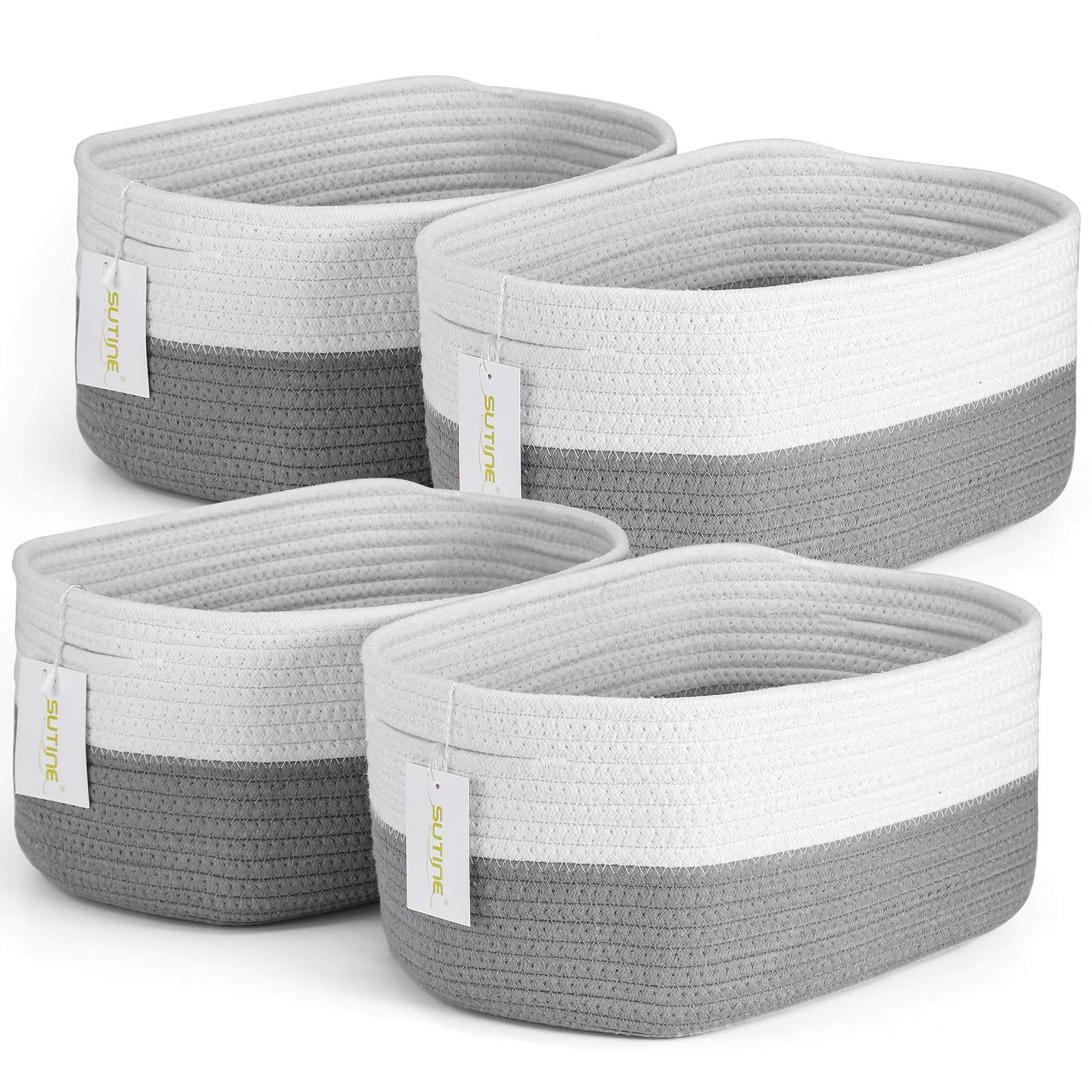 4 Pack Woven Storage Baskets For Organizing, Cube Cotton Rope Baskets For Storage With Handle, Rectangle Decorative Basket For S