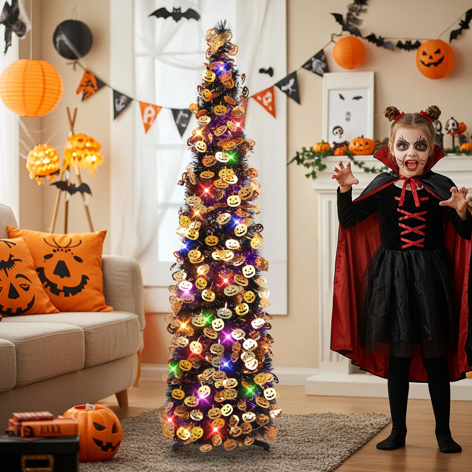 N&T NIETING Halloween Tree Decorations with 100LED Lights 5FT Pop Up with Timer & 8 Modes Collapsible Pencil Tinsel Trees with H
