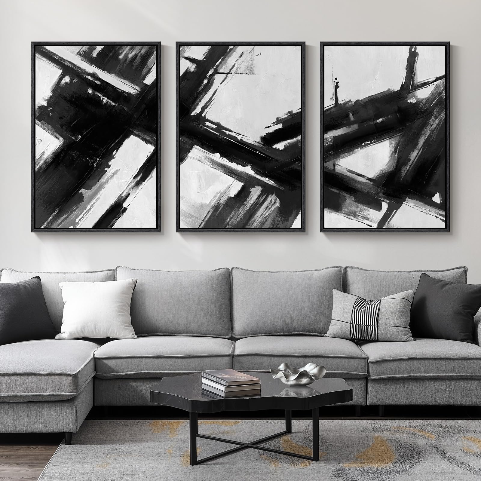 Large Framed Black And White Abstract Canvas Wall Art For Living Room, 3 Piece Modern Prints Paintings Artwork For Walls, Minima