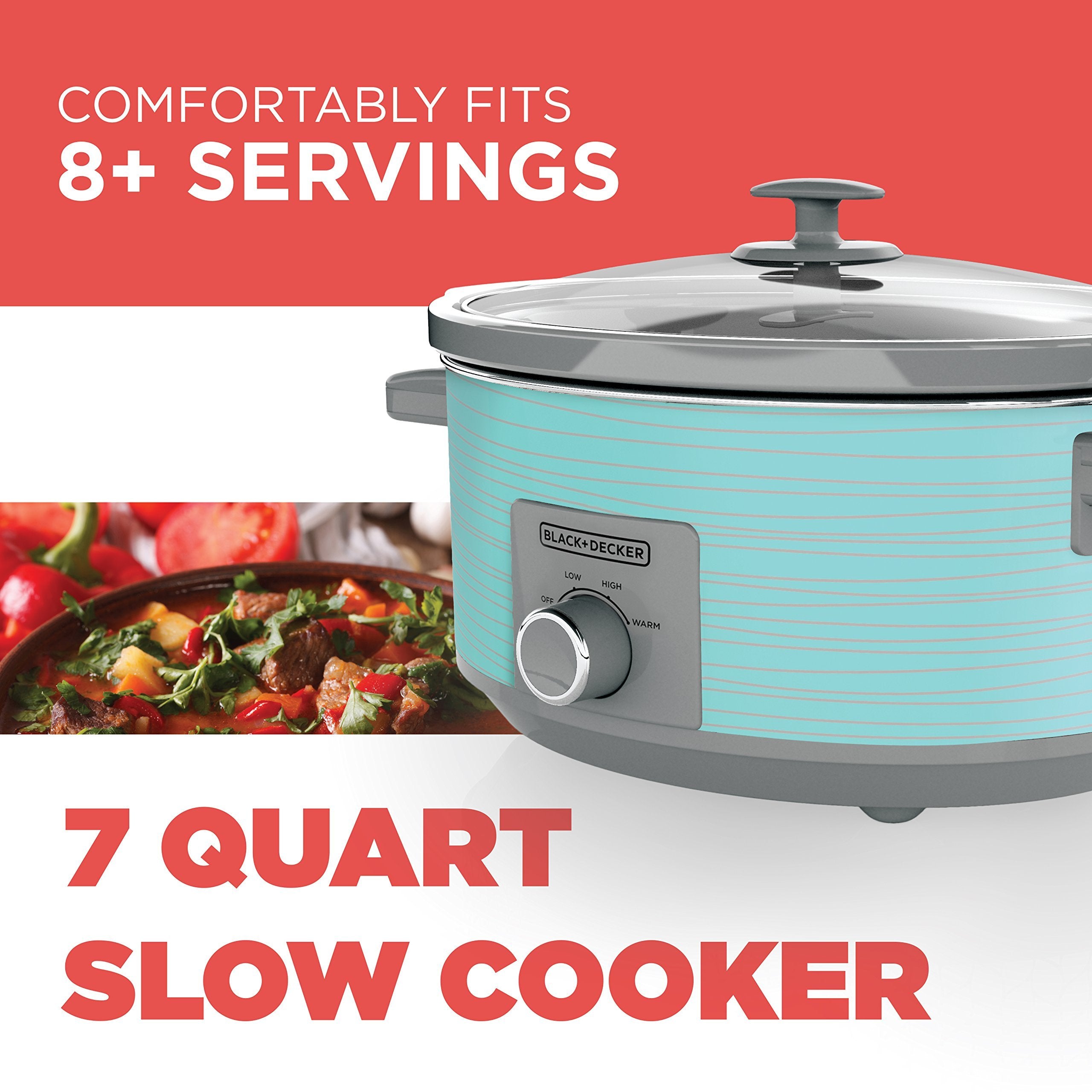 Black+Decker 7-Quart Slow Cooker, Sc2007D, Lid Holder, 3 Heat Settings, Extra Large Handles, Dishwasher Safe, Teal