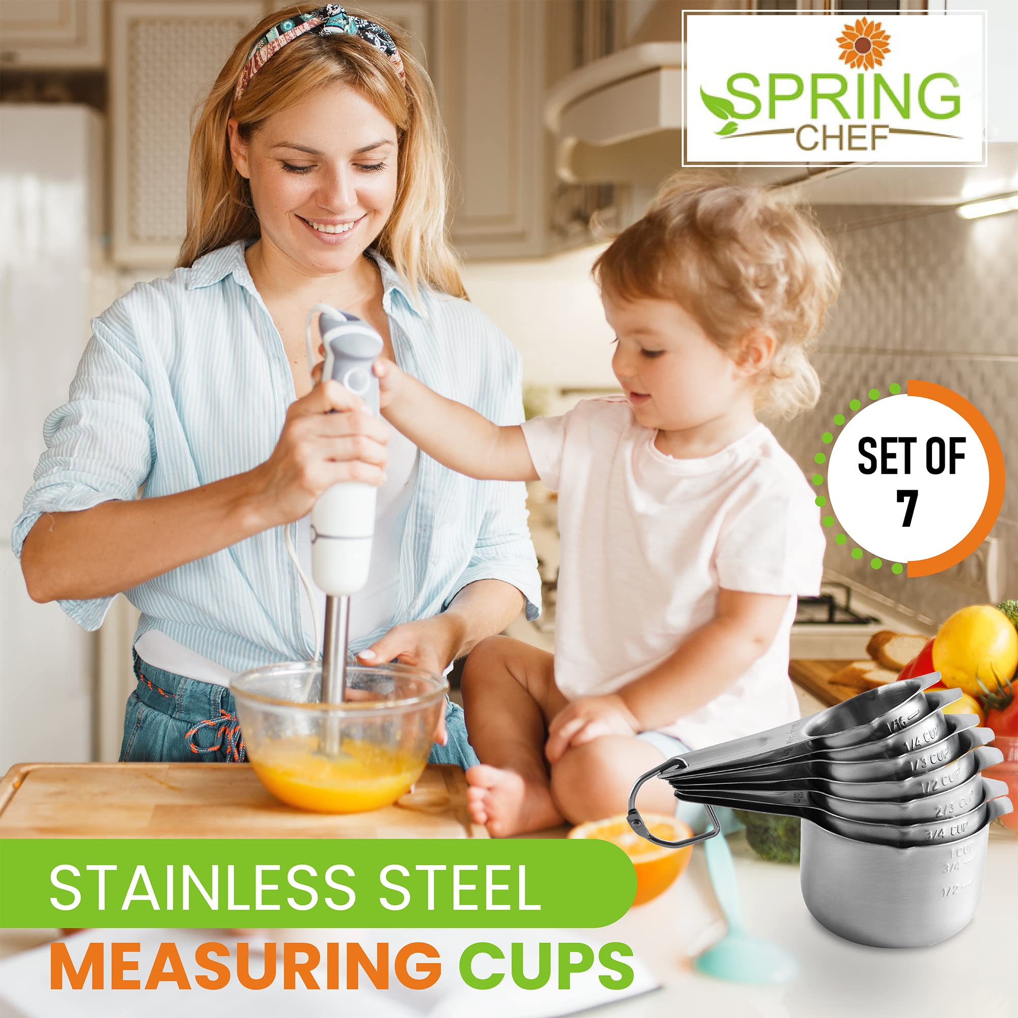 Spring Chef Stainless Steel Measuring Cups Set Of 7 With Pour Spout, Metal Kitchen Tools With Easy To Read Markings For Measurin