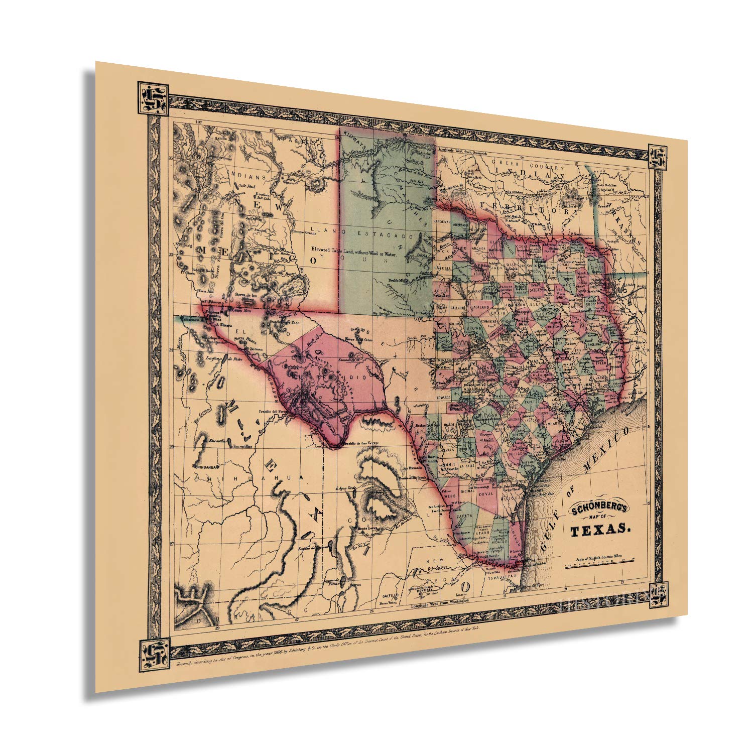 Historix Vintage 1866 Texas Map Poster - 24 X 30 Inch Vintage Texas Map - Texas Map Wall Art - Old Texas Map - Historic Texas Ma