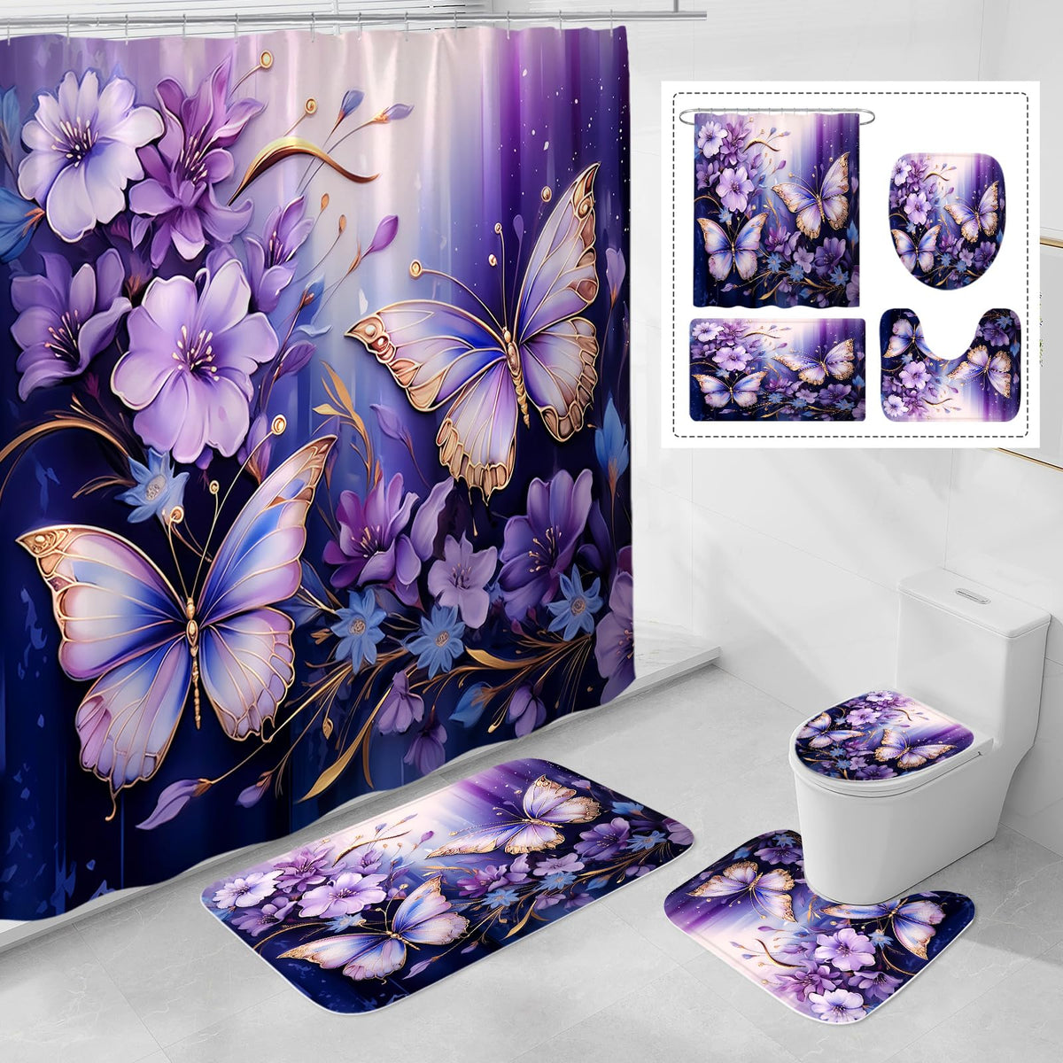 Litabel 4 Pcs Navy Blue Floral Butterfly Shower Curtain Set With Non-Slip Rugs, Modern Toilet Lid Cover And Bath Mat, Elegant Ba