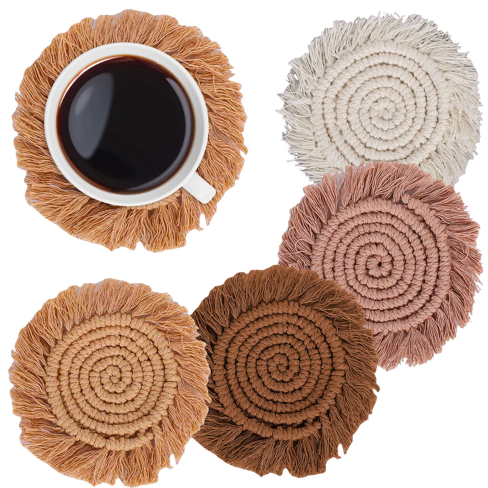 Whaline Boho Macrame Coasters Set Of 4 Handmade Woven Coaster For Drinks Bohemian Cup Mat With Tassel For Kinds Of Mugs And Cups