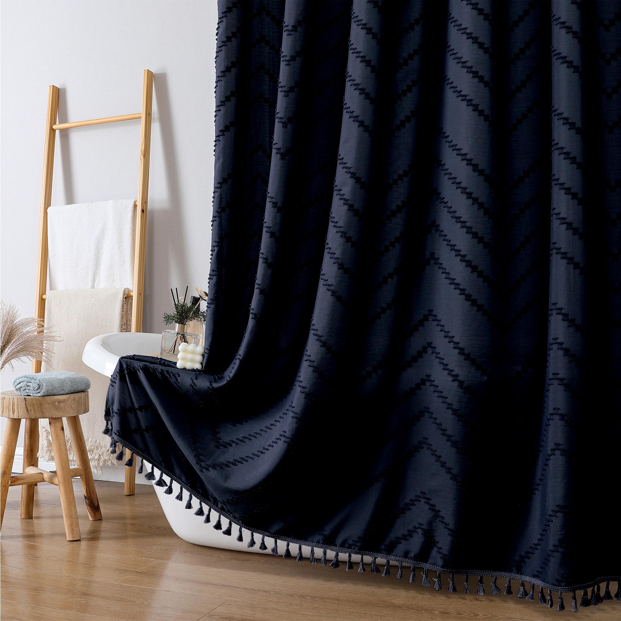 Owenie Boho Shower Curtain, Navy Blue Fabric Cloth Shower Curtains Farmhouse Tufted Chevron Striped Textured With Tassel For Bat