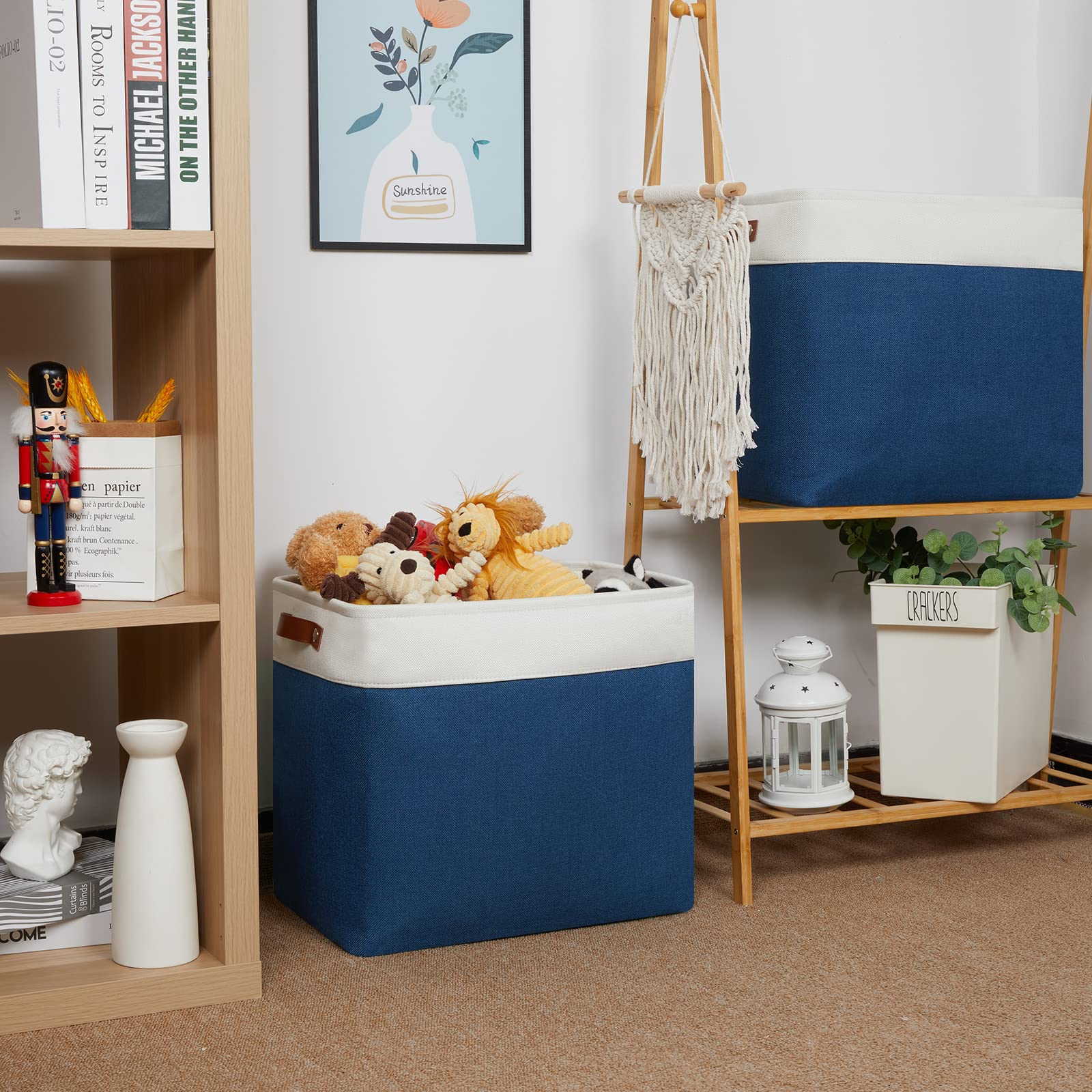 Hnzige Storage Baskets For Organizing, Set Of 2, Foldable Storage Bins Navy Blue Tall Baskets For Shelves, Canvas Collapsible St