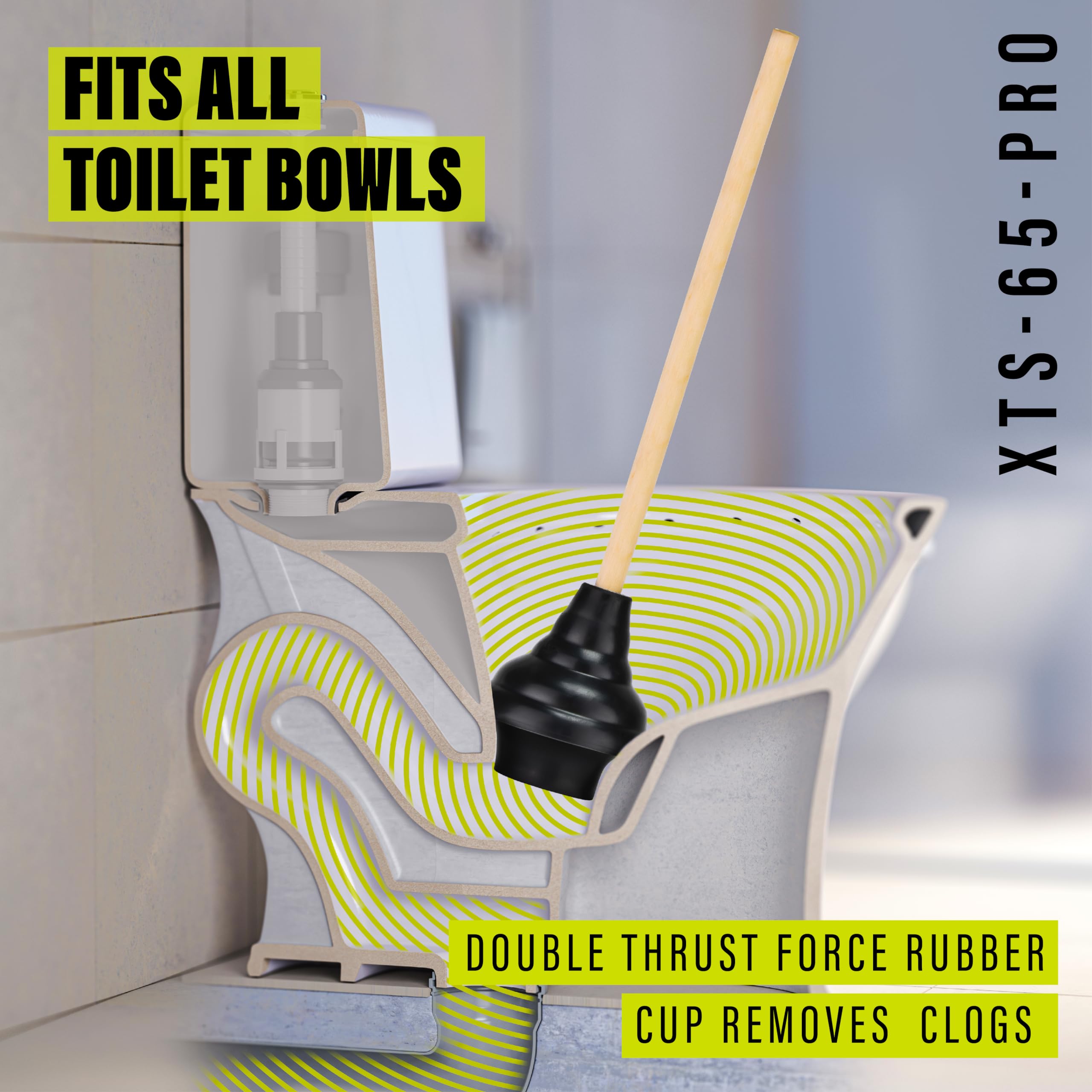 Steadmax Xts-65-Pro Heavy Duty Toilet Plunger, Commercial Grade, Powerful Double Thrust Force Rubber Cup With Wood Handle, For C