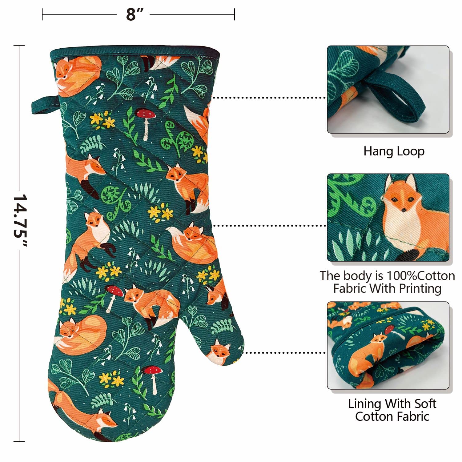 Heat Resistant Kitchen Oven Mitts with Non-Slip Silicone Printed  Set of 2 Oven Gloves for BBQ Cooking Baking  Grilling  Barbecue Microwave  Machine Washable (Fox  Oven Mitts)