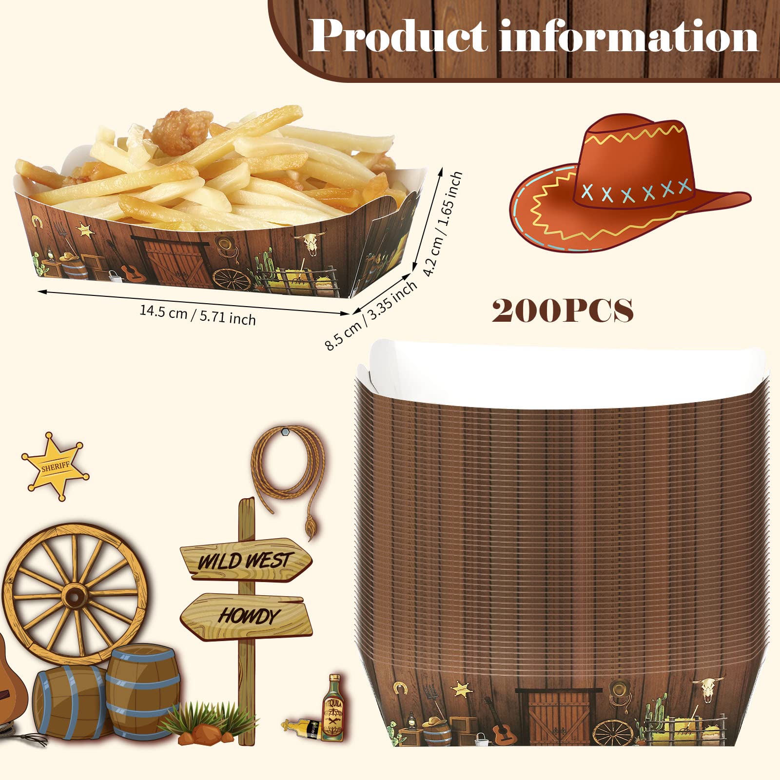 200 Pieces Western Party Decorations 1Lb Cowboy Paper Food Trays Saloon Western Scene Wild West Food Boats Disposable Serving Fo