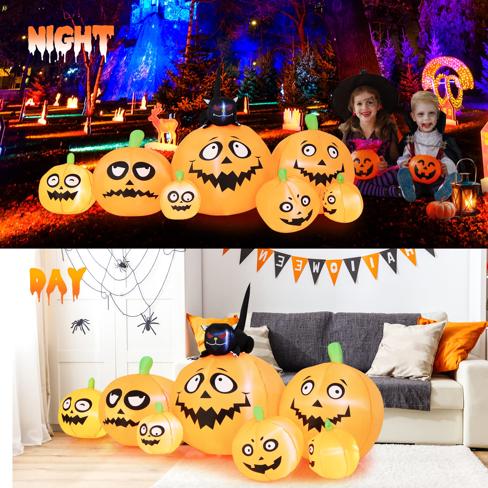 Tangkula 8 FT Halloween Inflatable Pumpkin Patch Lanterns with Witchs Cat, Blow Up 7 Pumpkins Family with Built-in LED Lights &
