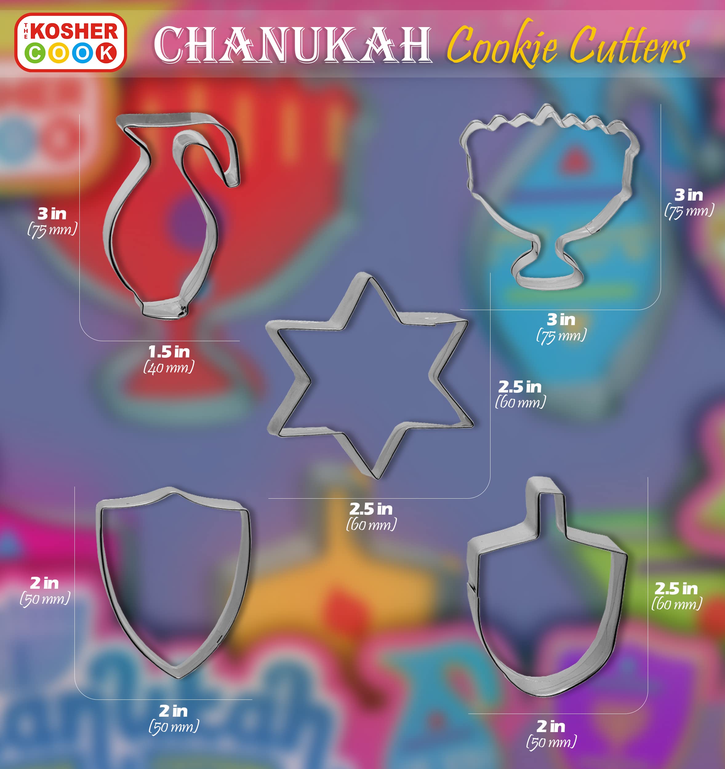 The Kosher Cook Hanukkah Cookie Cutters Set - 5 Piece Stainless Steel, Standard Size, Silver