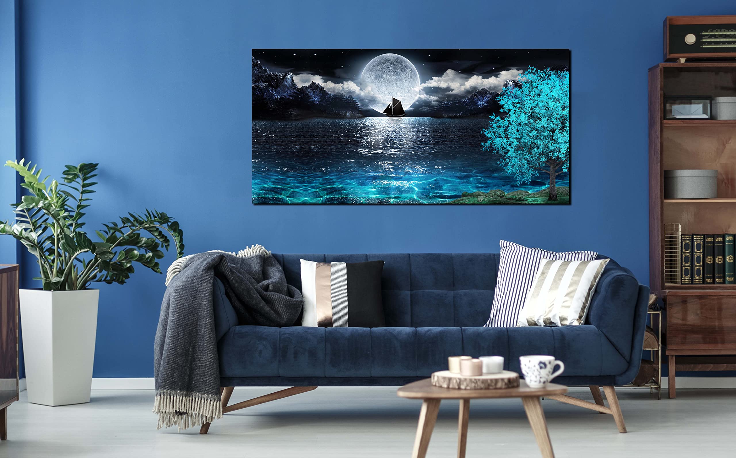 Aburaeart Moon Sea Ocean Large Canvas Wall-Art For Living Room - Blue Tree Wall Decor - Large Artwork On Canvas Print Ready To H