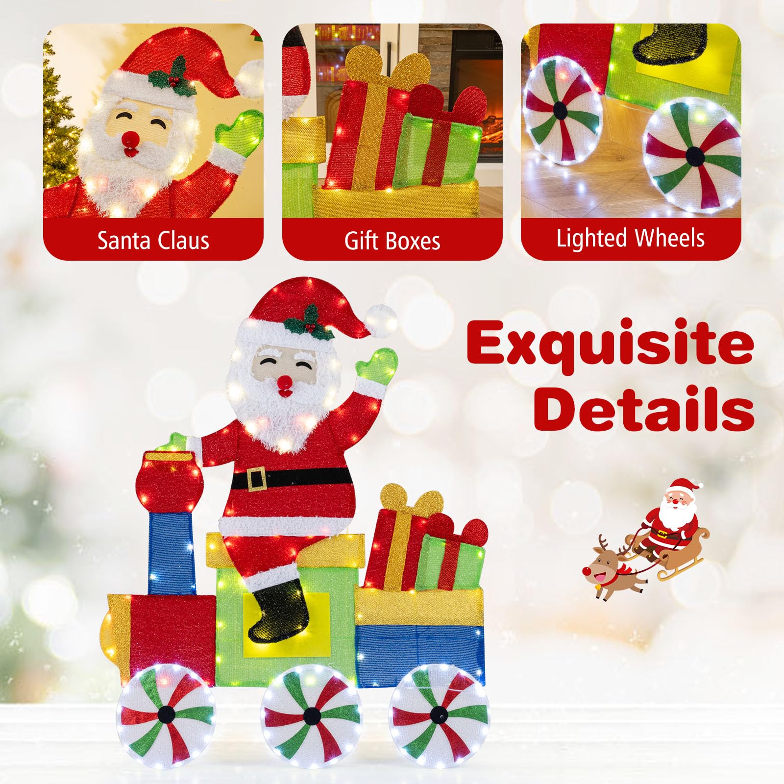 Tangkula Lighted Santa on Train Christmas Decoration, Indoor Outdoor 2D Santa Claus with LED Lights, Gift Boxes and Ground Stake