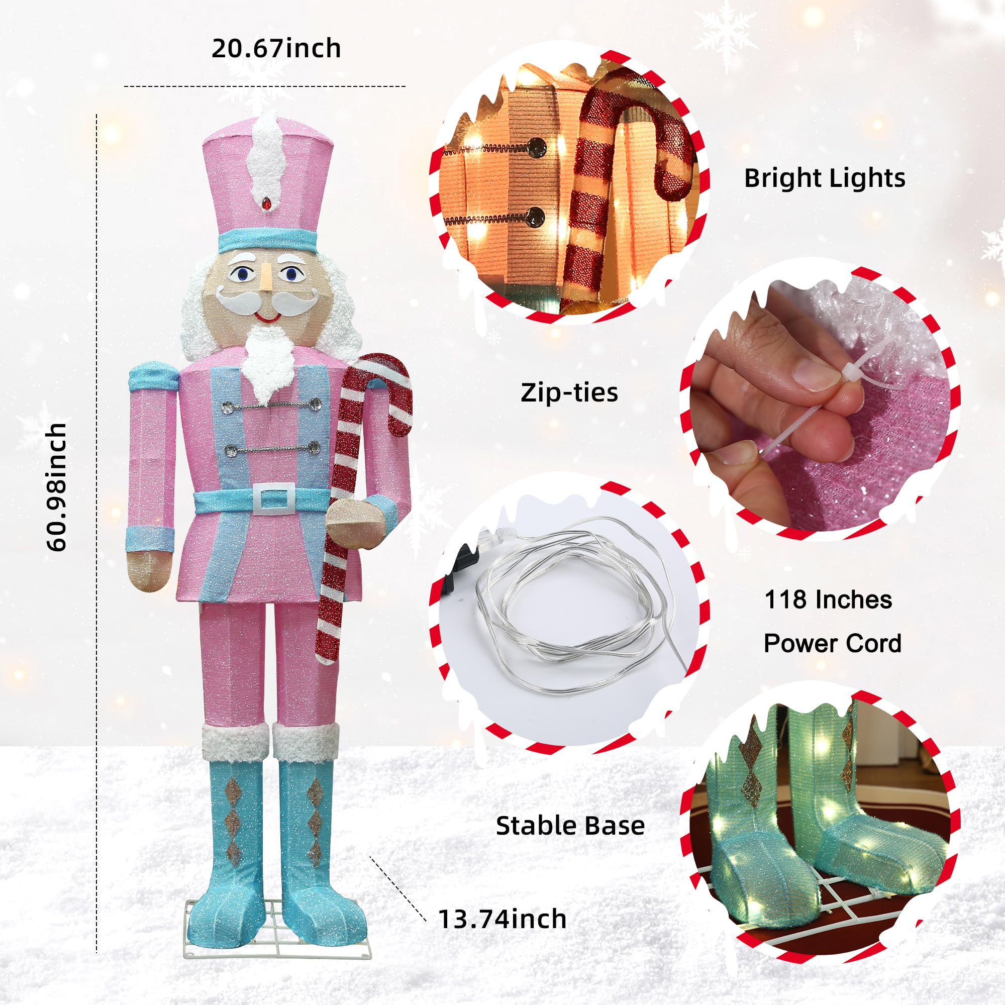 Starfree 61-Inch Lighted Nutcracker Christmas Decor - Pink Metal Outdoor Decoration with LEDs for Yard, Porch, Lawn - Model REARO10LA1FA