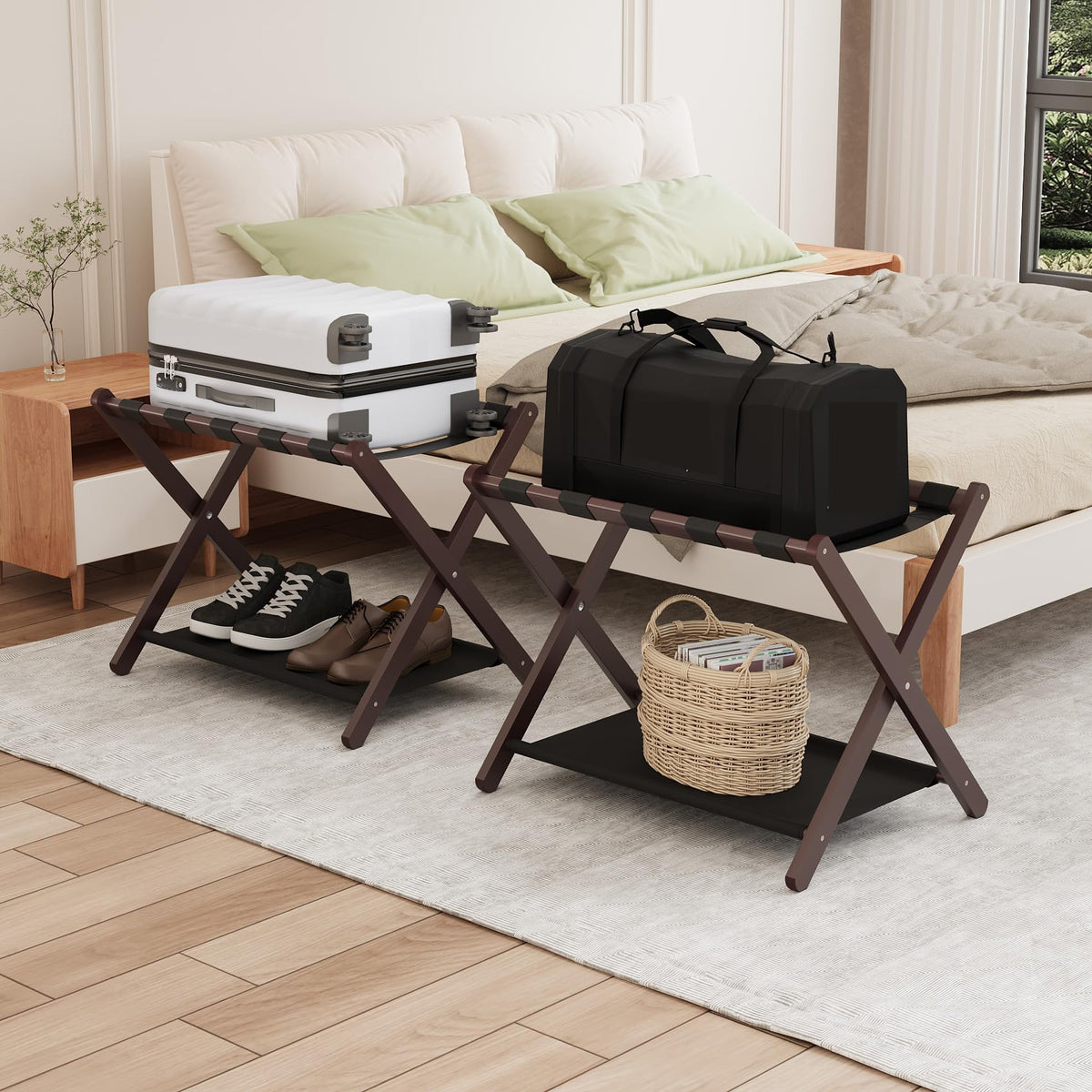 Smuxee Brown Bamboo Luggage Rack Pack Of 2, Foldable Suitcase Stand With Storage Shelf, Easily Assembled Luggage Stand With 5 Ny