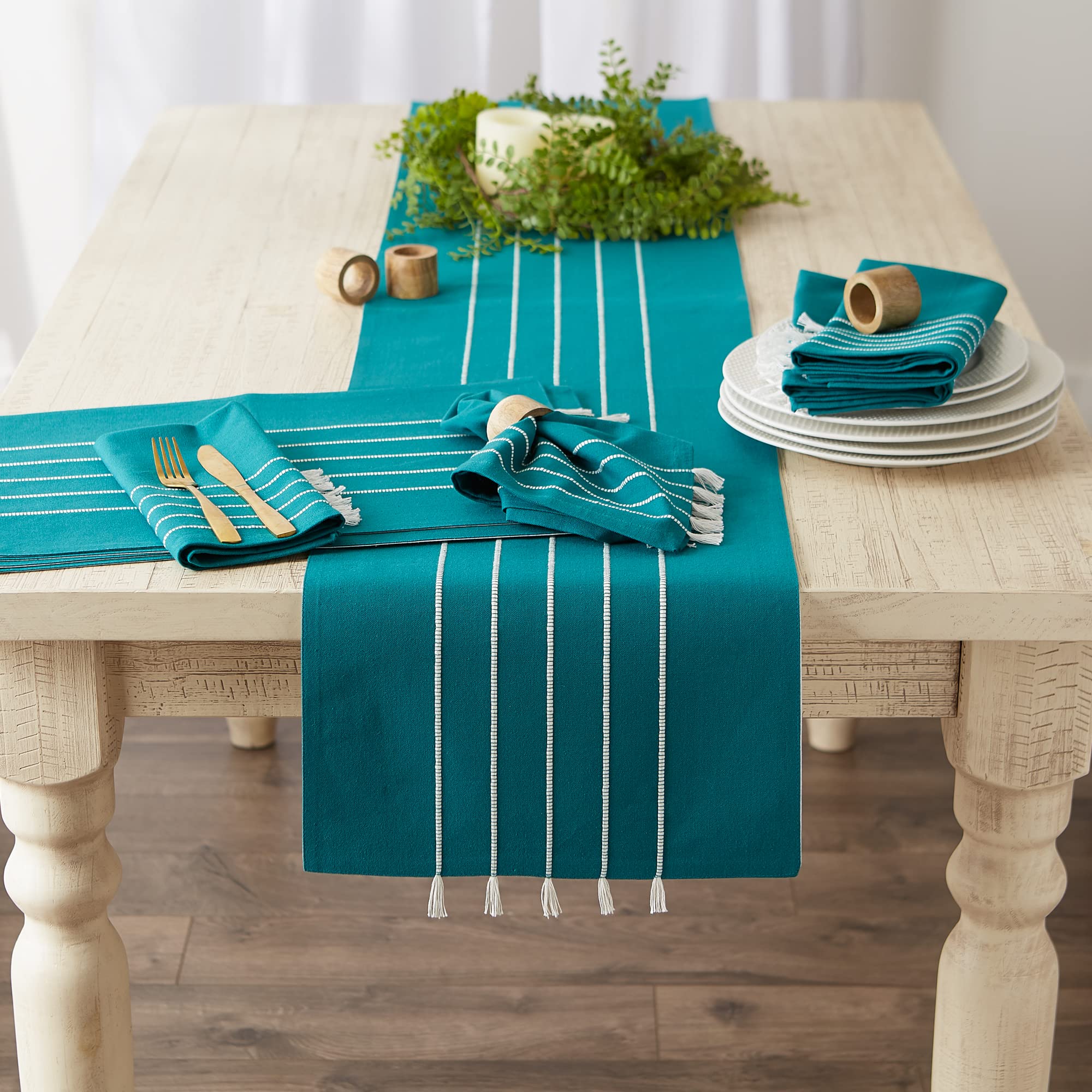Dii Tassel Stripe Tabletop Collection Decorative, Machine Washable, Table Runner 14X72, Teal & Off-White