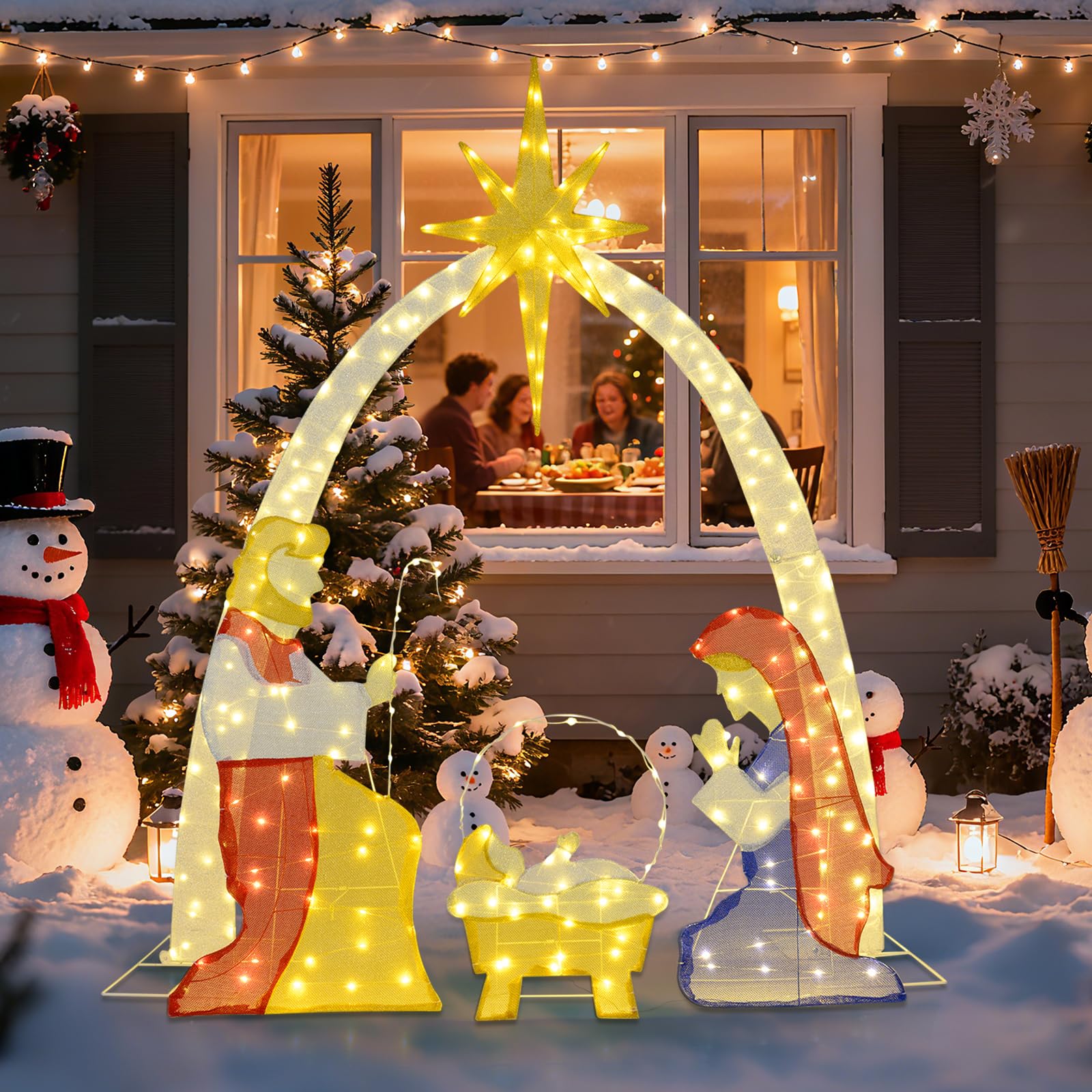 Tangkula 6 FT Christmas Lighted Nativity Scene, Pre-Lit Holy Family Yard Decoration with 240 Warm White LED Lights