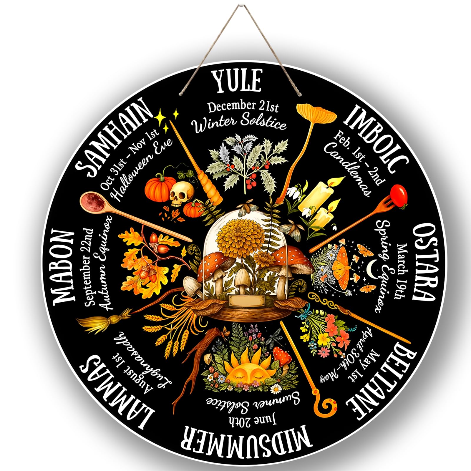 WBQMUNY Wheel of The Year Wood Sign 10,Sabbats Pagan Sign Witches Runes Wood Engraved Board Wiccan Holidays,Wicca Calendar,Yule 