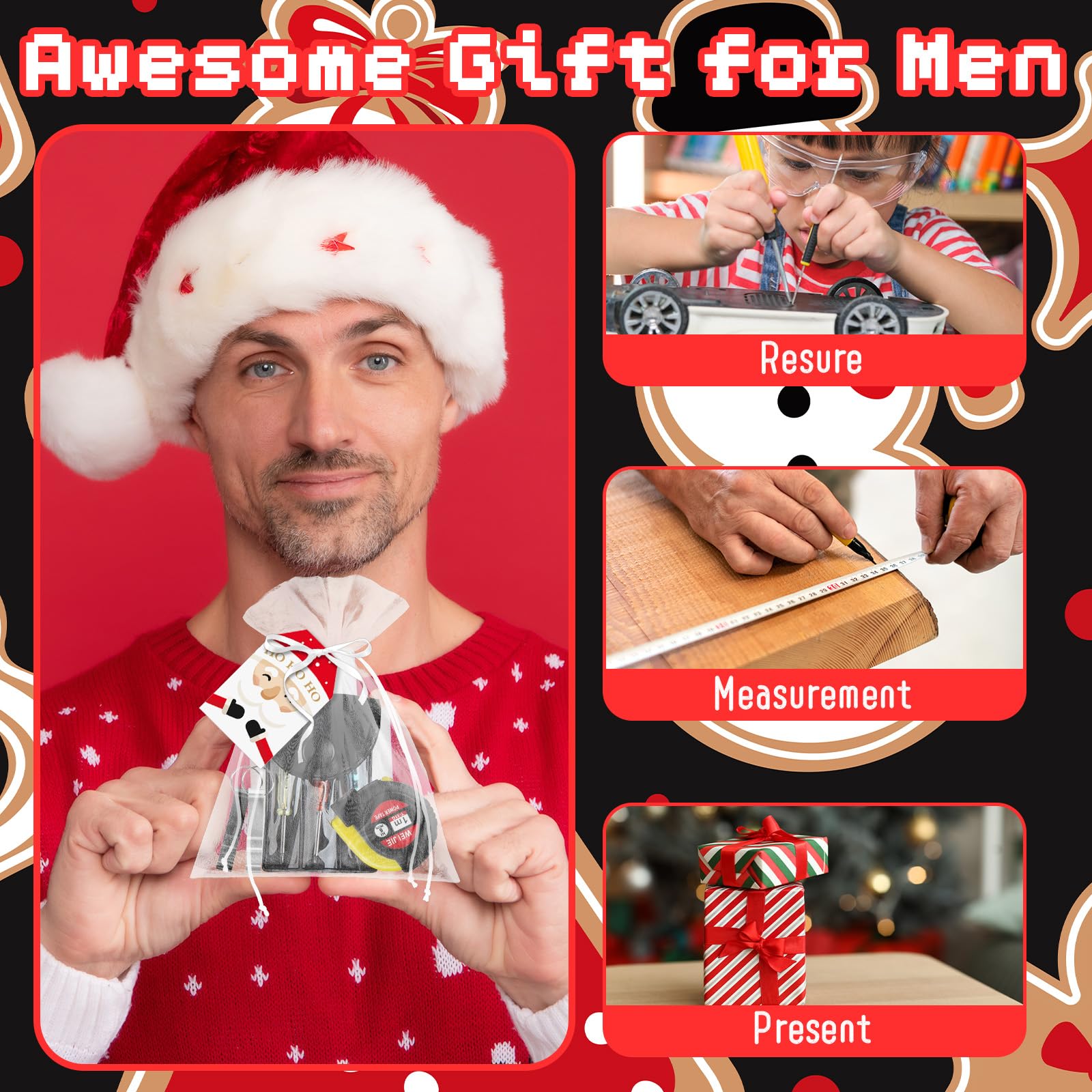 Denylo Pro 12 Sets Christmas Gifts with Tape Measure Bottle Opener Tool Kit Greeting Card Twine Bags for Christmas Party Favors