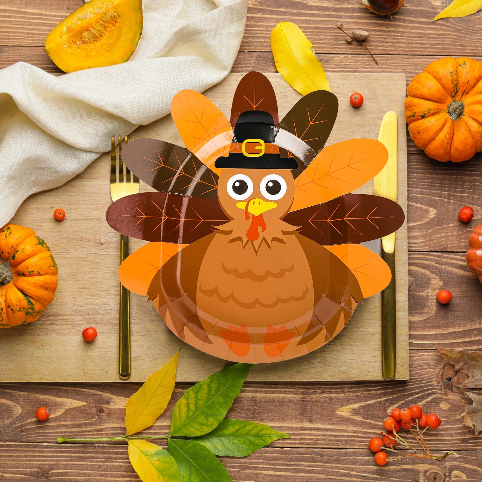 Whaline 24Pcs Thanksgiving Paper Plates Cute Turkey Shaped Disposable Plates Turkey Pattern Decorative Tableware for Fall Thanks