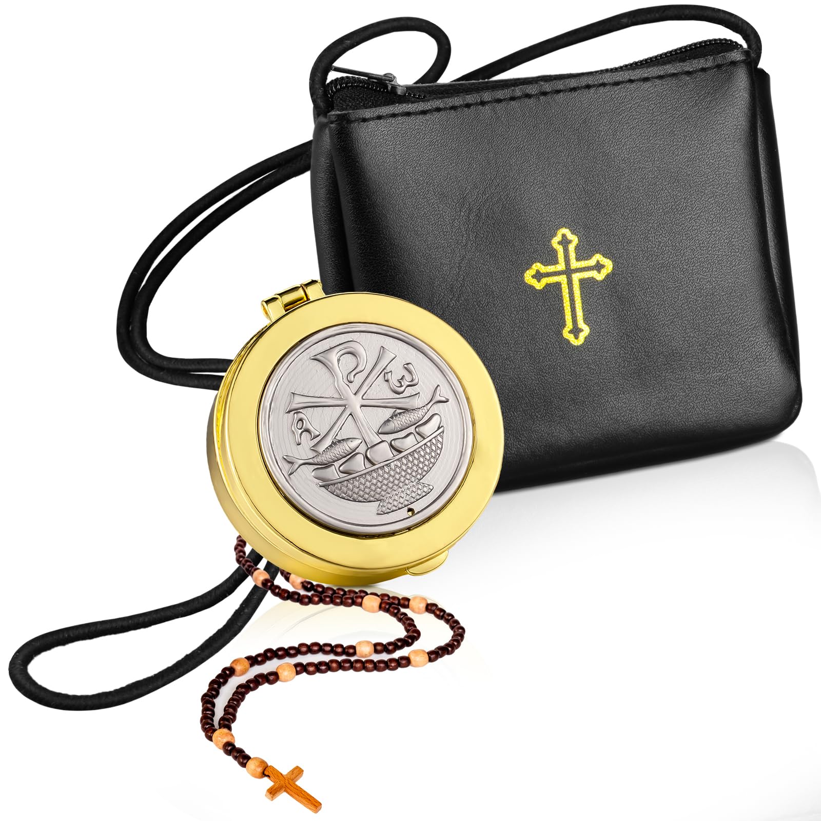 Huhumy 2 Pcs Leather Pyx for Communion Host Catholic with Cross Imprint Communion Pyx Container Catholic Rosary Pouch(Strap Styl