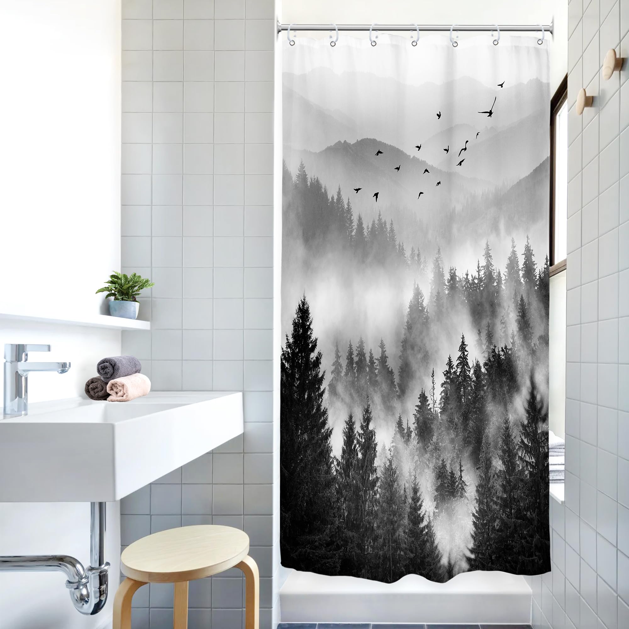 Riyidecor Stall Half Small Rv Shower Curtain 36Wx72H Inch Black And White Mountain Single Stand Up Camper Camp Narrow Scenery Ru
