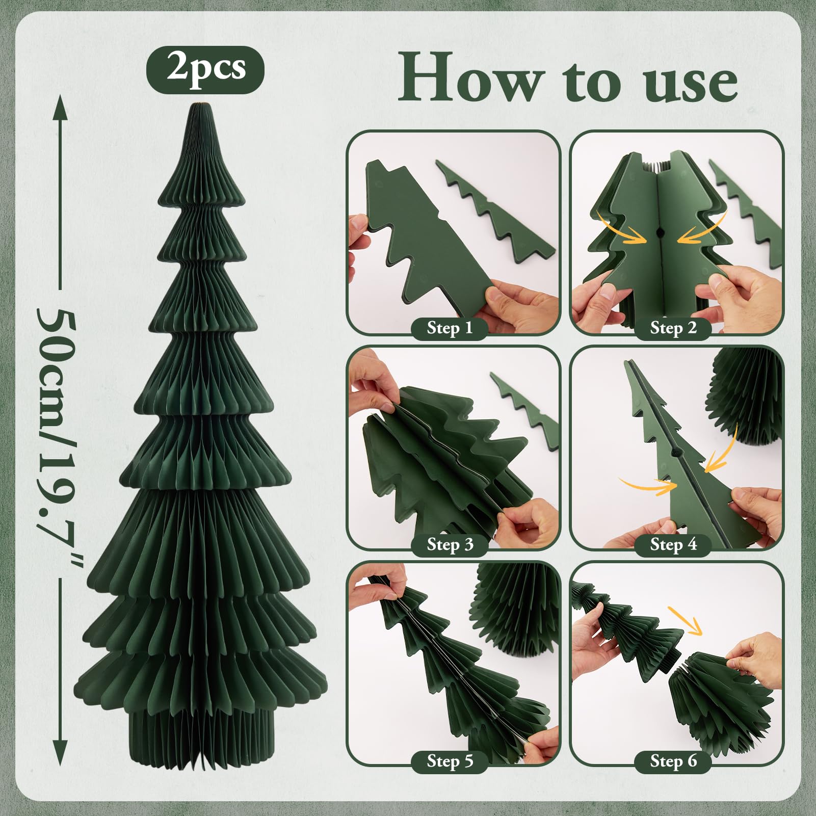 OBBOLO 20 Inch Green Paper Christmas Tree, 2 Pcs Foldable Honeycomb Tabletop Christmas Decorations with Magnetic Closure, Reusab