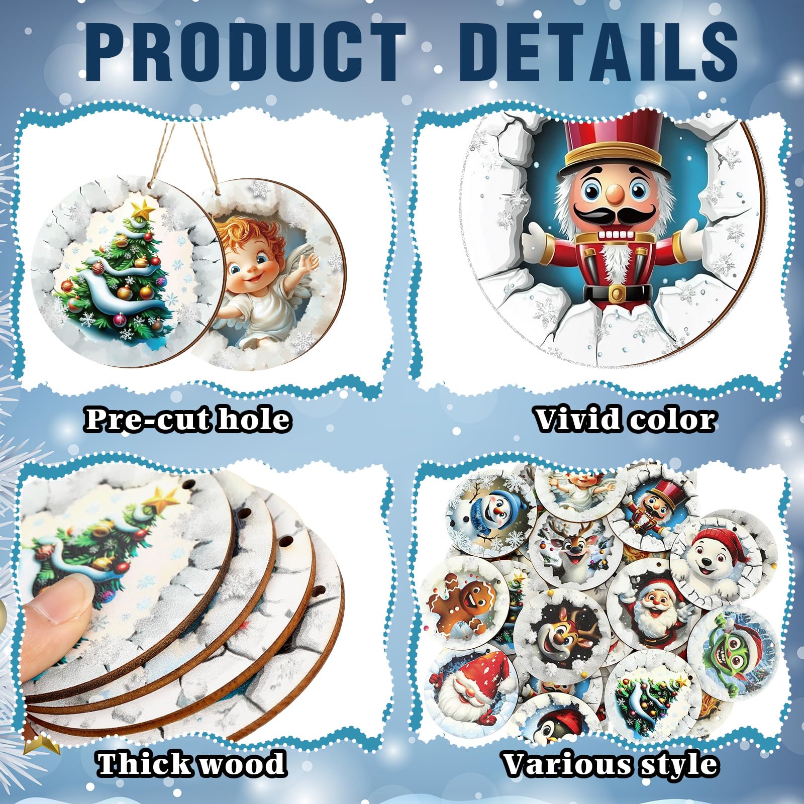 Suzile 36 Pcs Christmas Wooden Ornaments Christmas 3D Break Through Ornament Xmas Cute Animal Decorations for Tree Wreaths Xmas