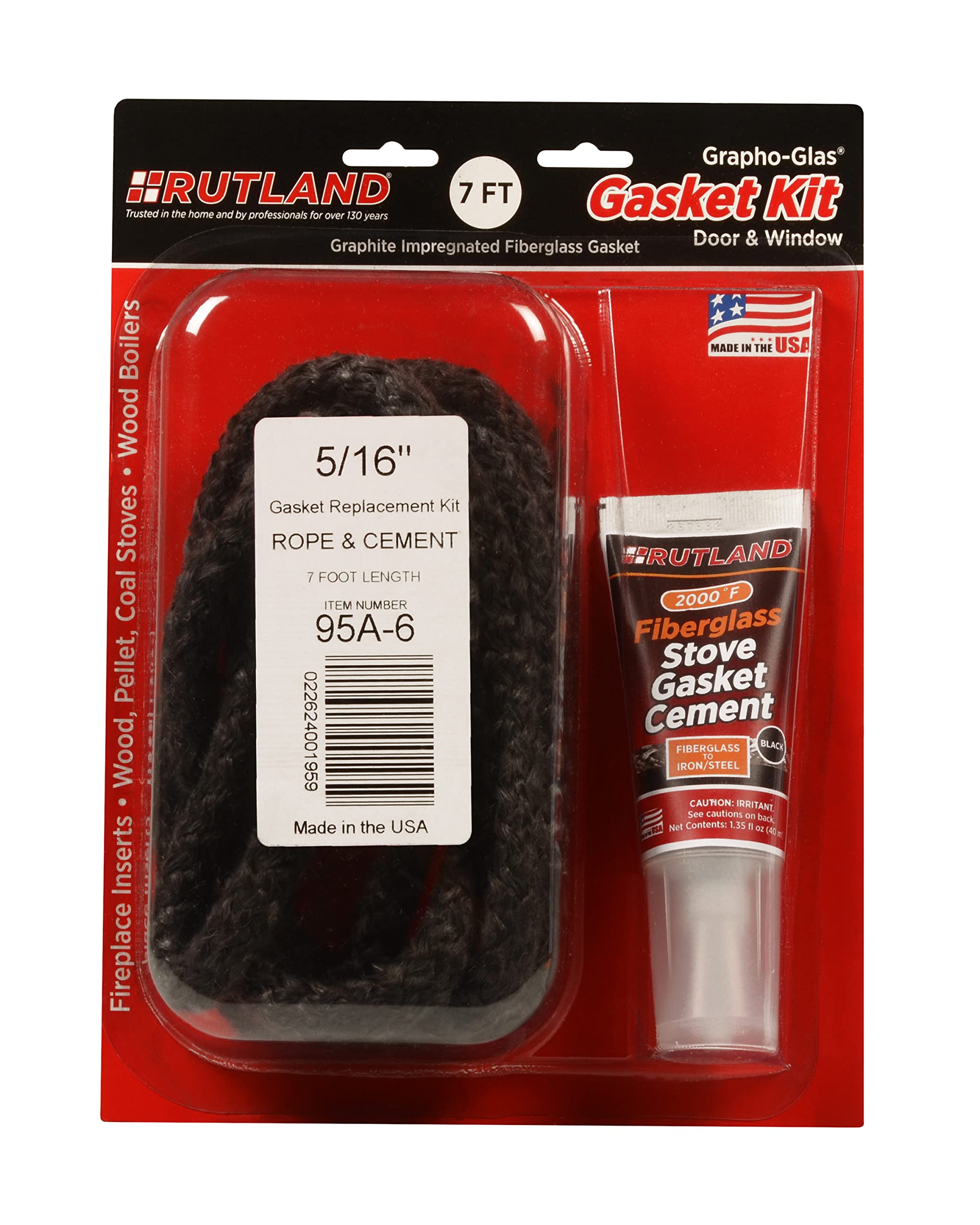 Rutland Wood Stove Gasket Replacement Kit, Graphite Impregnated Gasket & Adhesive, 5/16'' X7' Rope
