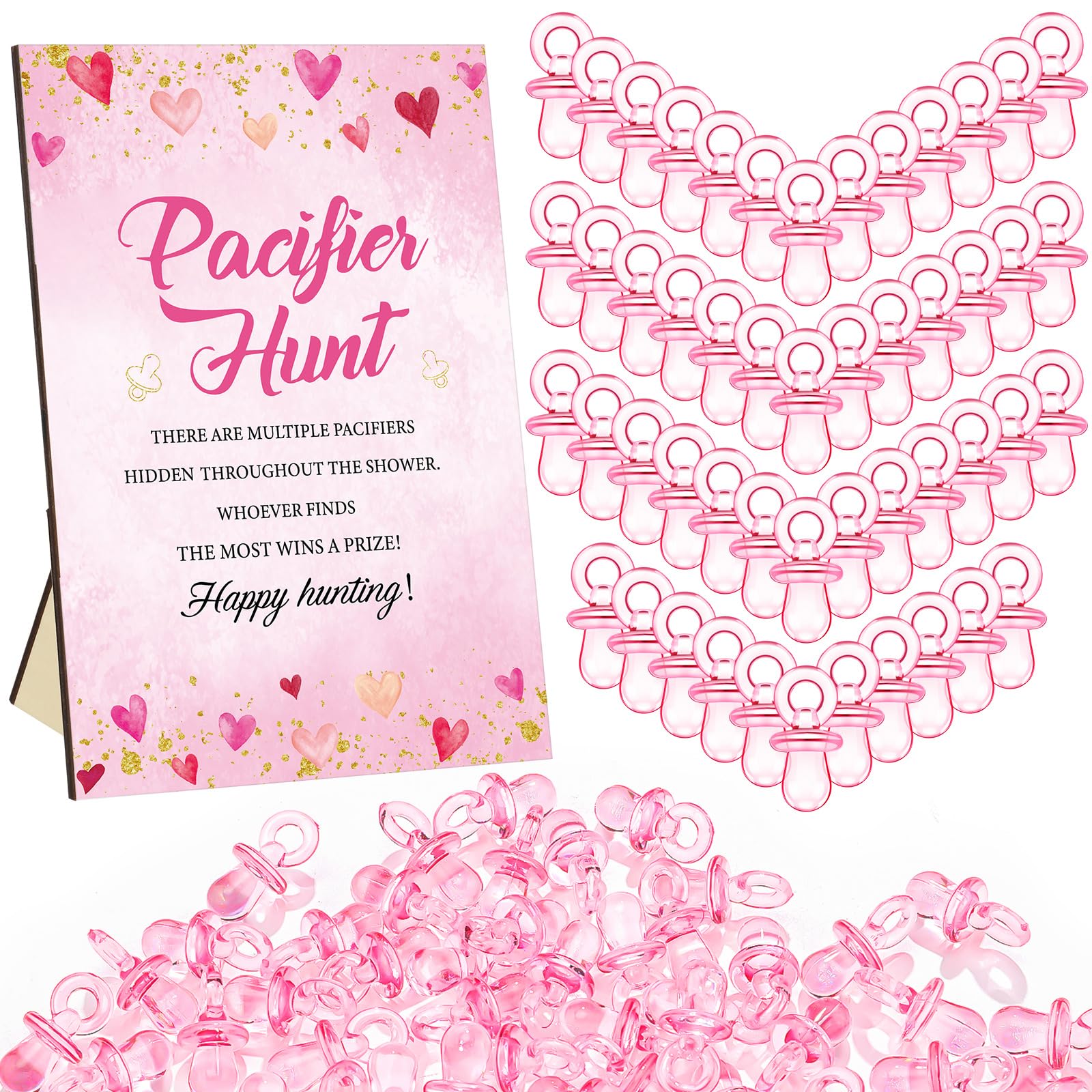 Thyle 51 Pcs Valentines Day Pacifier Hunt a Little Sweetheart Is on The Way Set Baby Shower Game Set Include Red and Pink Hunt 