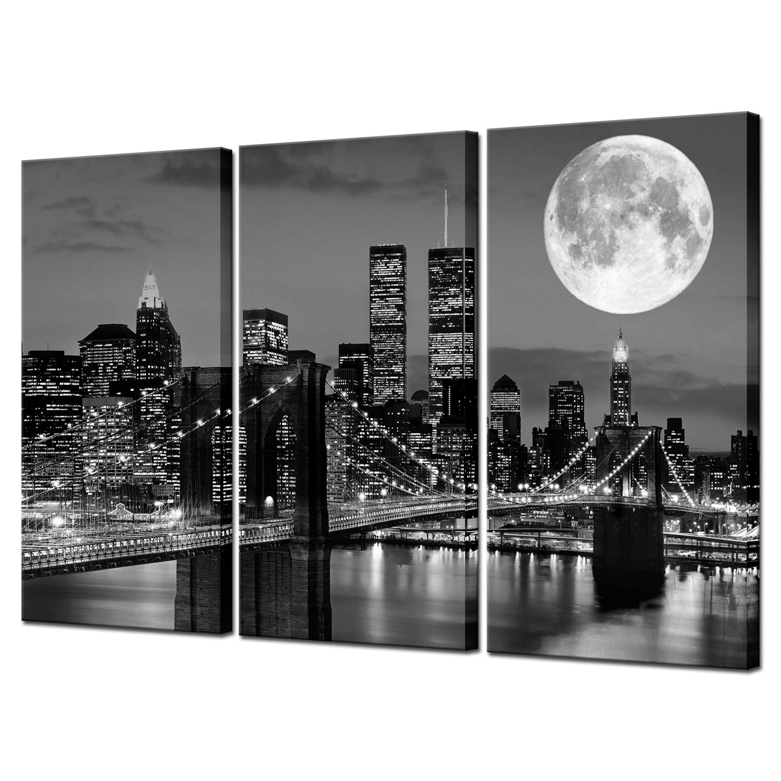 Biuteawal New York Skyline Wall Art Brooklyn Bridge Moon Night View Picture Canvas Print Black And White City Artwork Painting M