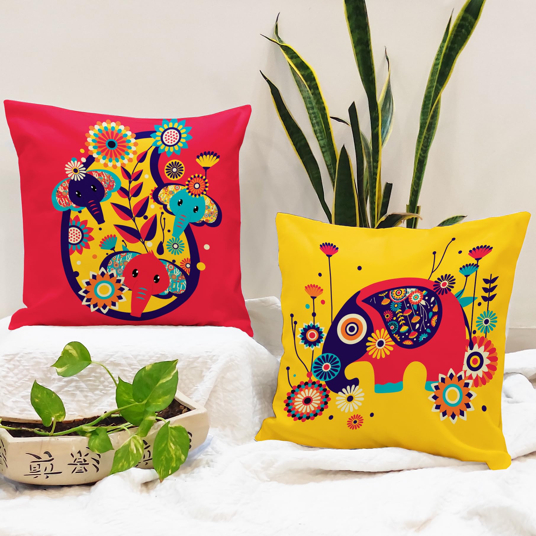 Amazon Brand - Umi Unique Cute Elephant Cartoon Blue Printed Jute Cushion Covers, Set Of 2 (16 X 16 Inches / 40 X 40 Cm)