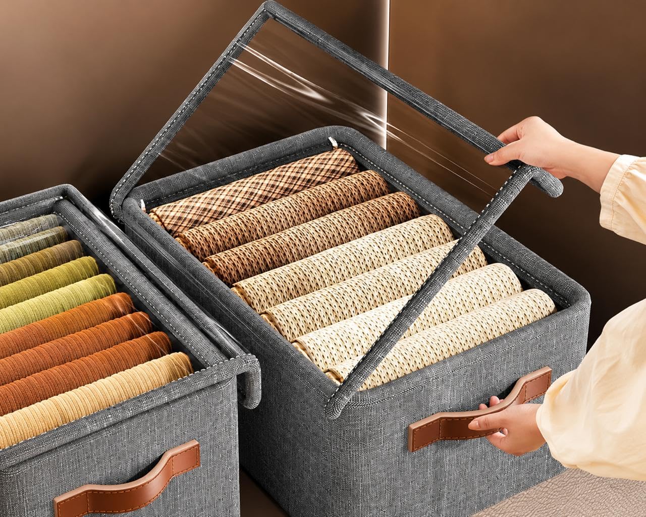 The Fusion Mart Fabric Storage Box With Clear Lid And Leather Handles, Grey, Foldable Closet Organiser For Clothes