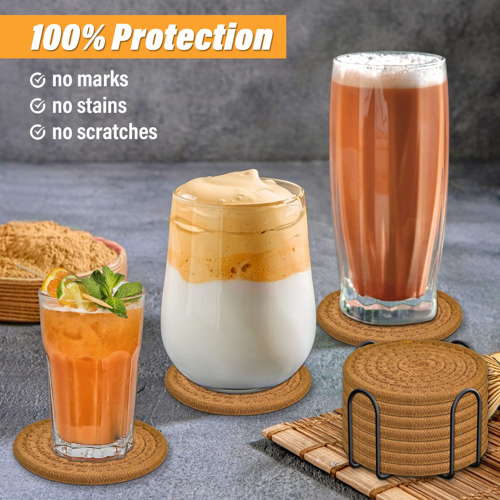 Mckanti 8 Pcs Drink Coasters With Holder, Absorbent Coasters For Drinks, Minimalist Cotton Woven Coaster Set For Home Decor Tabl