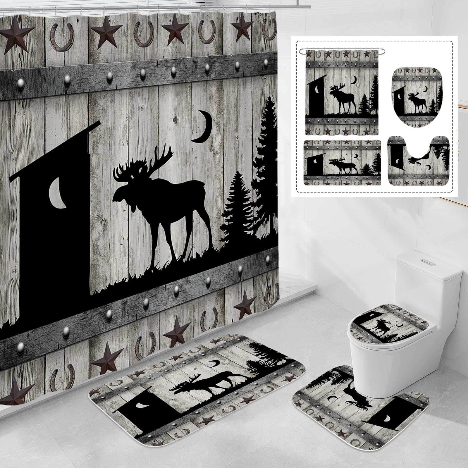 Litabel 4 Pcs Forest Deer Shower Curtain Set With Non-Slip Rugs, Toilet Lid Cover And Bath Mat, Wooden Bathroom Decor Set With S