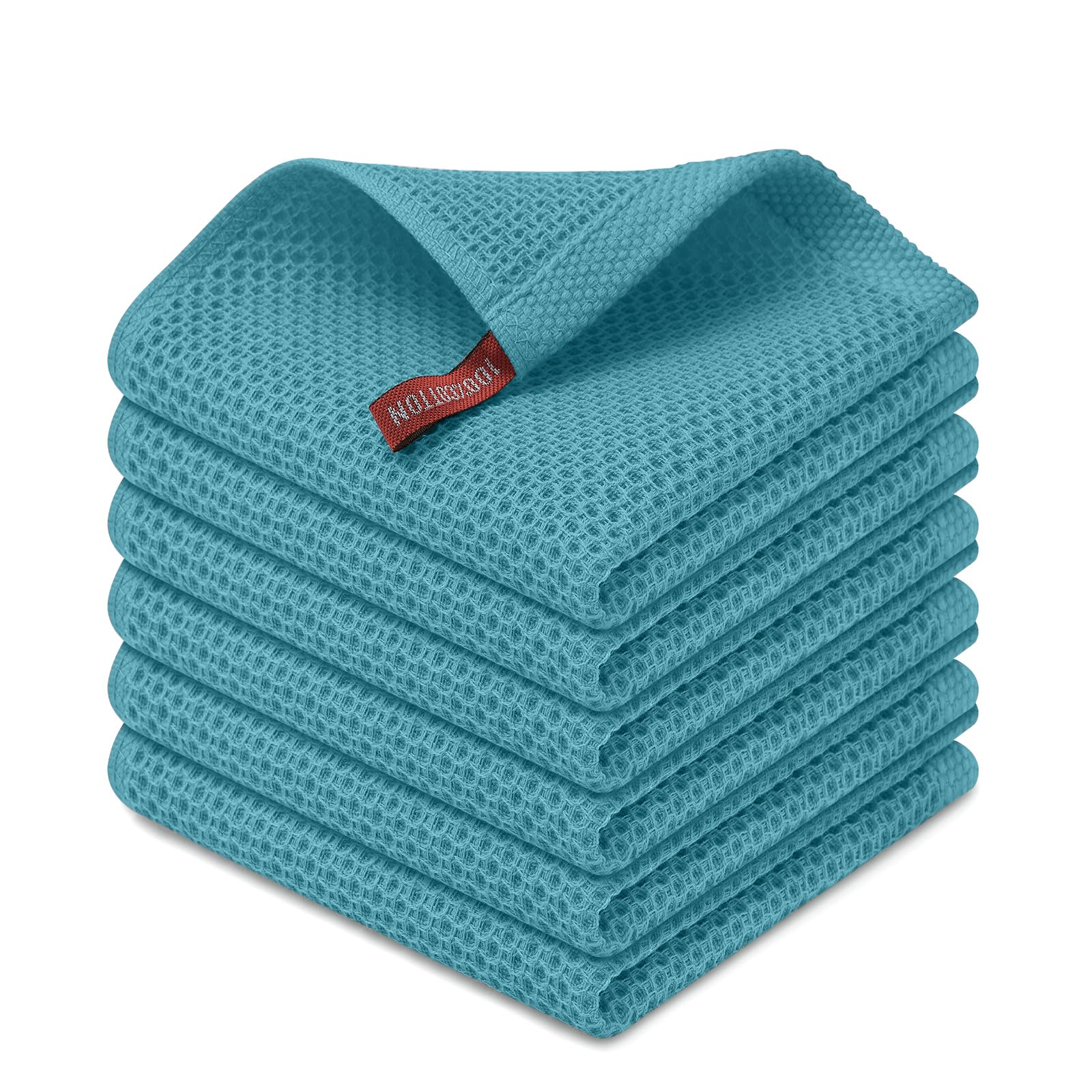Kitinjoy 100% Cotton Kitchen Dish Cloths (12 X 12 Inches, Lake Blue),6 Pack Waffle Weave Ultra Soft Absorbent Dish Towels for Dr