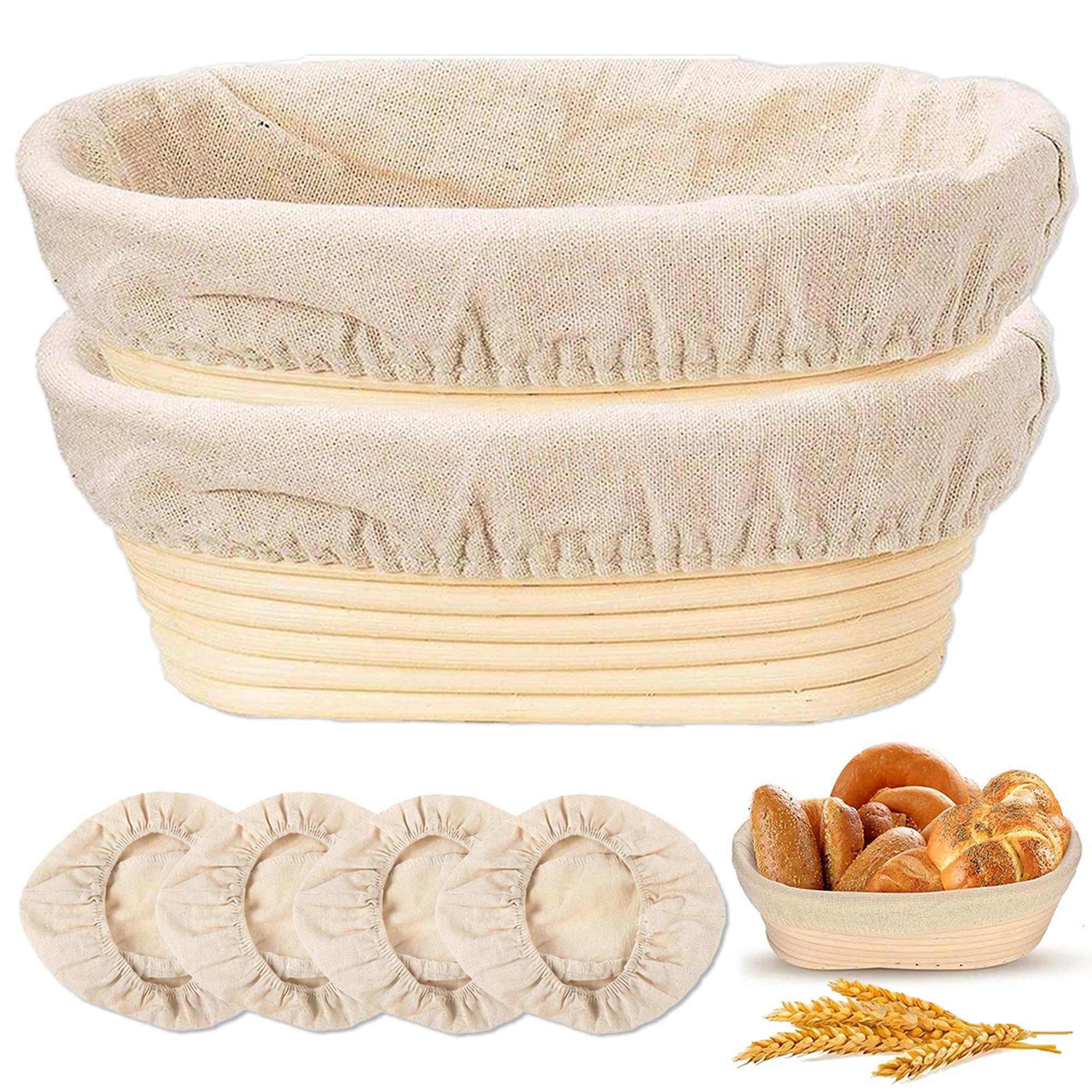 Banneton Bread Proofing Basket Set of 2, 10 Inch Oval, Natural Rattan with 4 Linen Liners, for Sourdough Bread Baking
