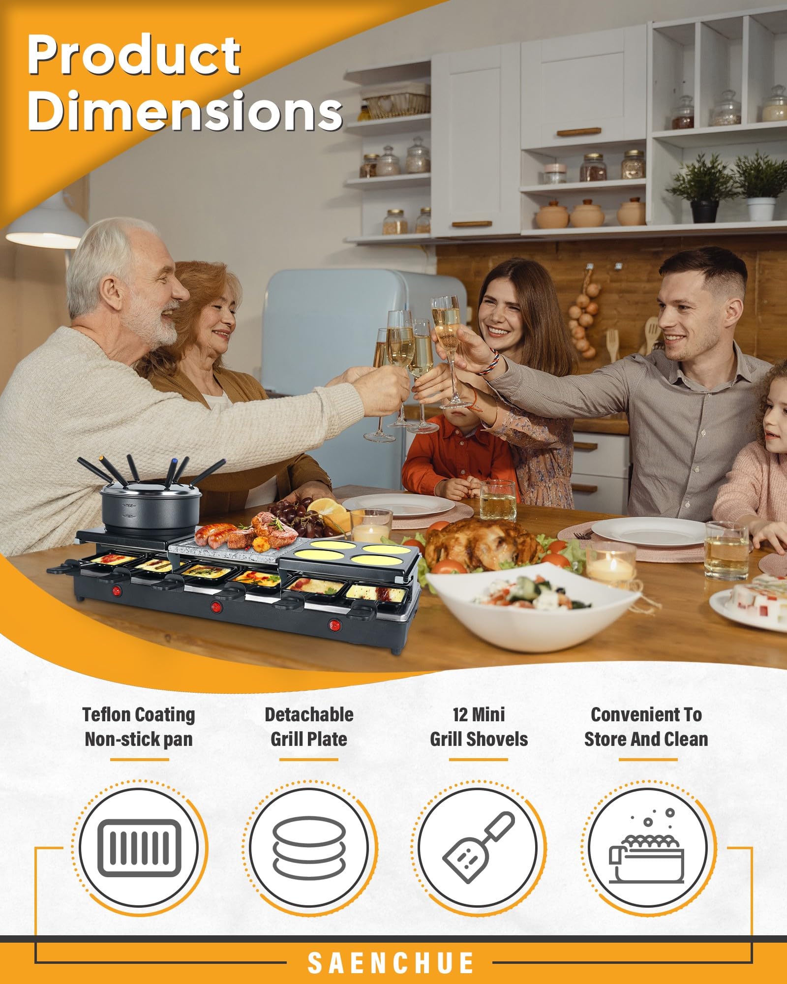 Saenchue Raclette Table Grill - Indoor Electric Grill Griddle - Nonstick Extra Large Reversible 4-In-1 Outdoor Dishwasher Safe W